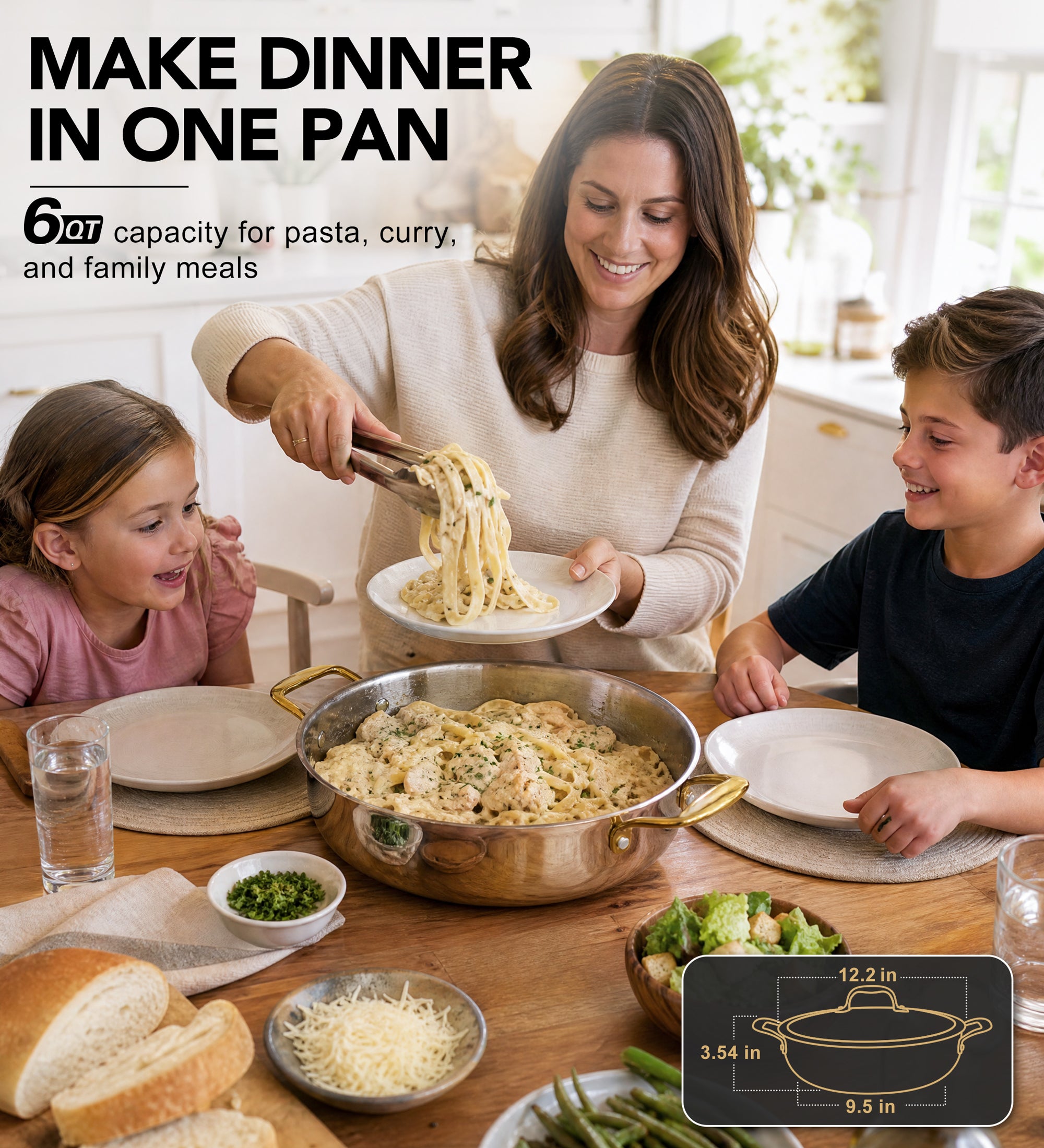 MICHELANGELO 12-Inch Tri-Ply Stainless Steel Saute Pan with Glass Lid, 6 QT