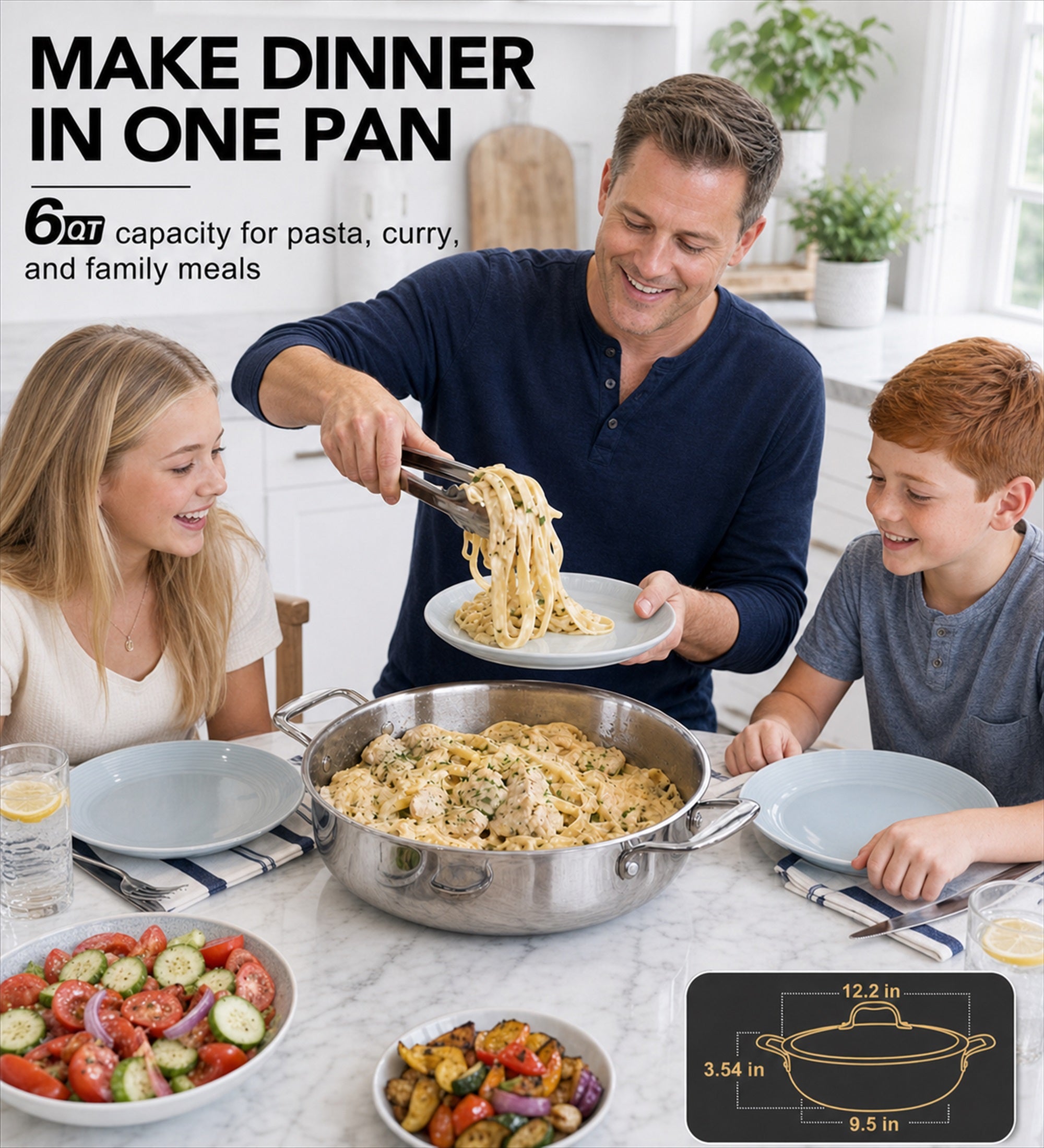 MICHELANGELO 6 QT Tri-Ply Stainless Steel Saute Pan with Glass Lid, 12-Inch
