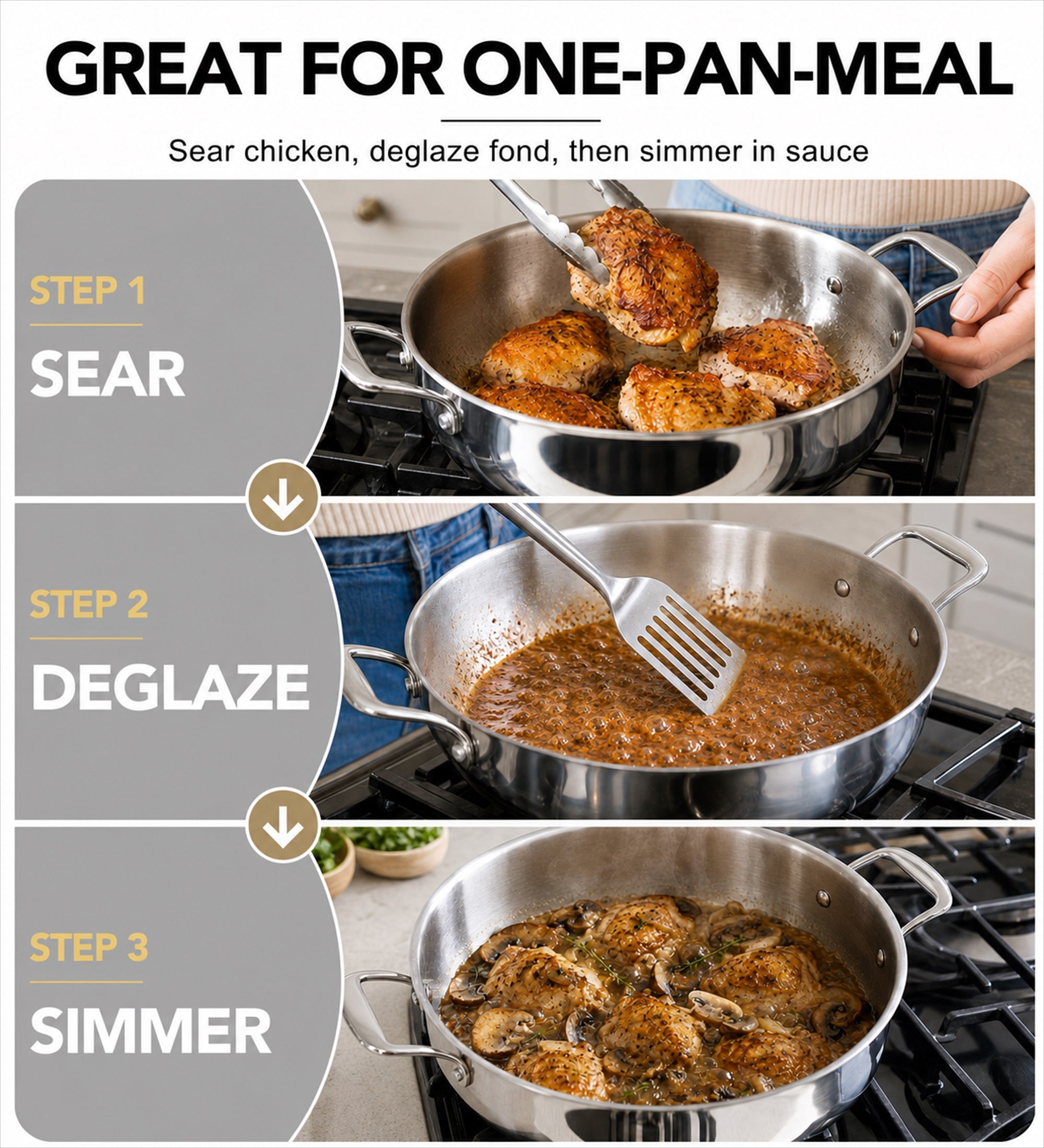 MICHELANGELO 6 QT Tri-Ply Stainless Steel Saute Pan with Glass Lid, 12-Inch