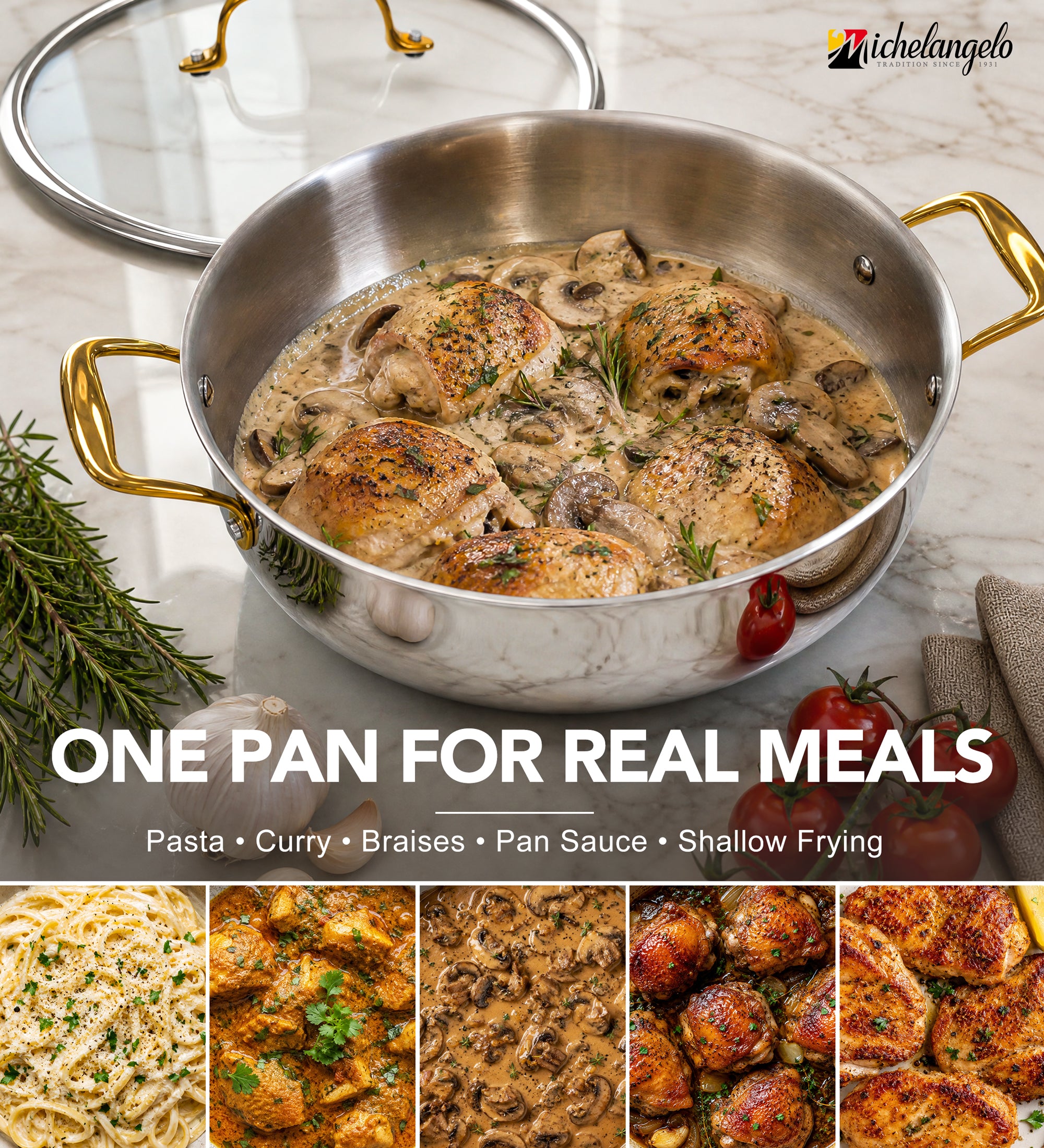 MICHELANGELO 12-Inch Tri-Ply Stainless Steel Saute Pan with Glass Lid, 6 QT
