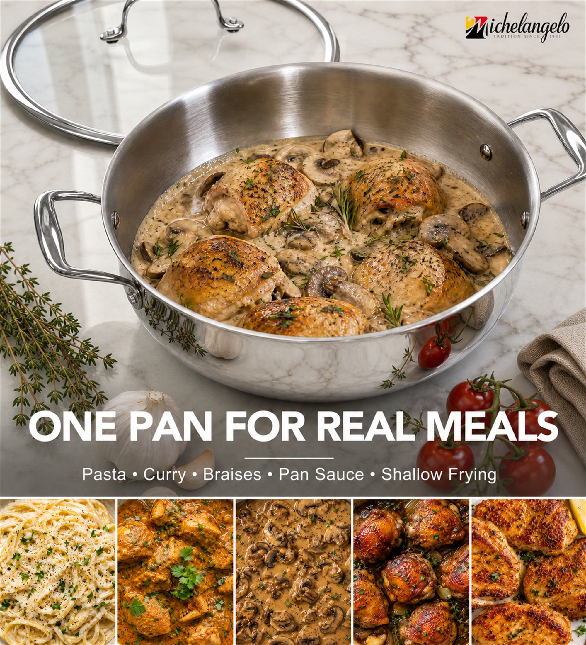 MICHELANGELO 6 QT Tri-Ply Stainless Steel Saute Pan with Glass Lid, 12-Inch