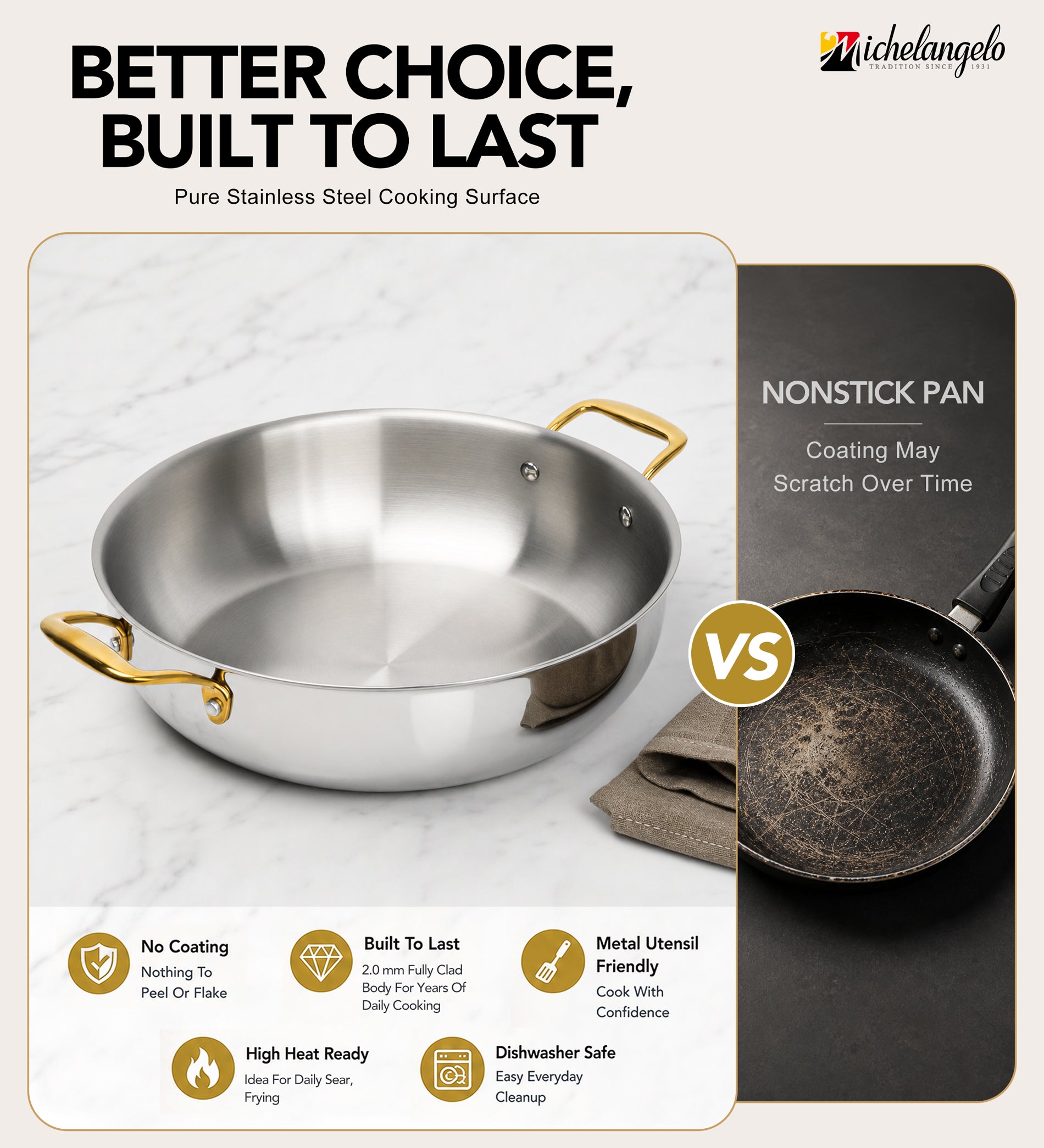 MICHELANGELO 12-Inch Tri-Ply Stainless Steel Saute Pan with Glass Lid, 6 QT