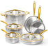 Michelangelo Hammered Triply Stainless Steel Pots and Pans Set,  10 Piece Cookware Set with Golden Handle