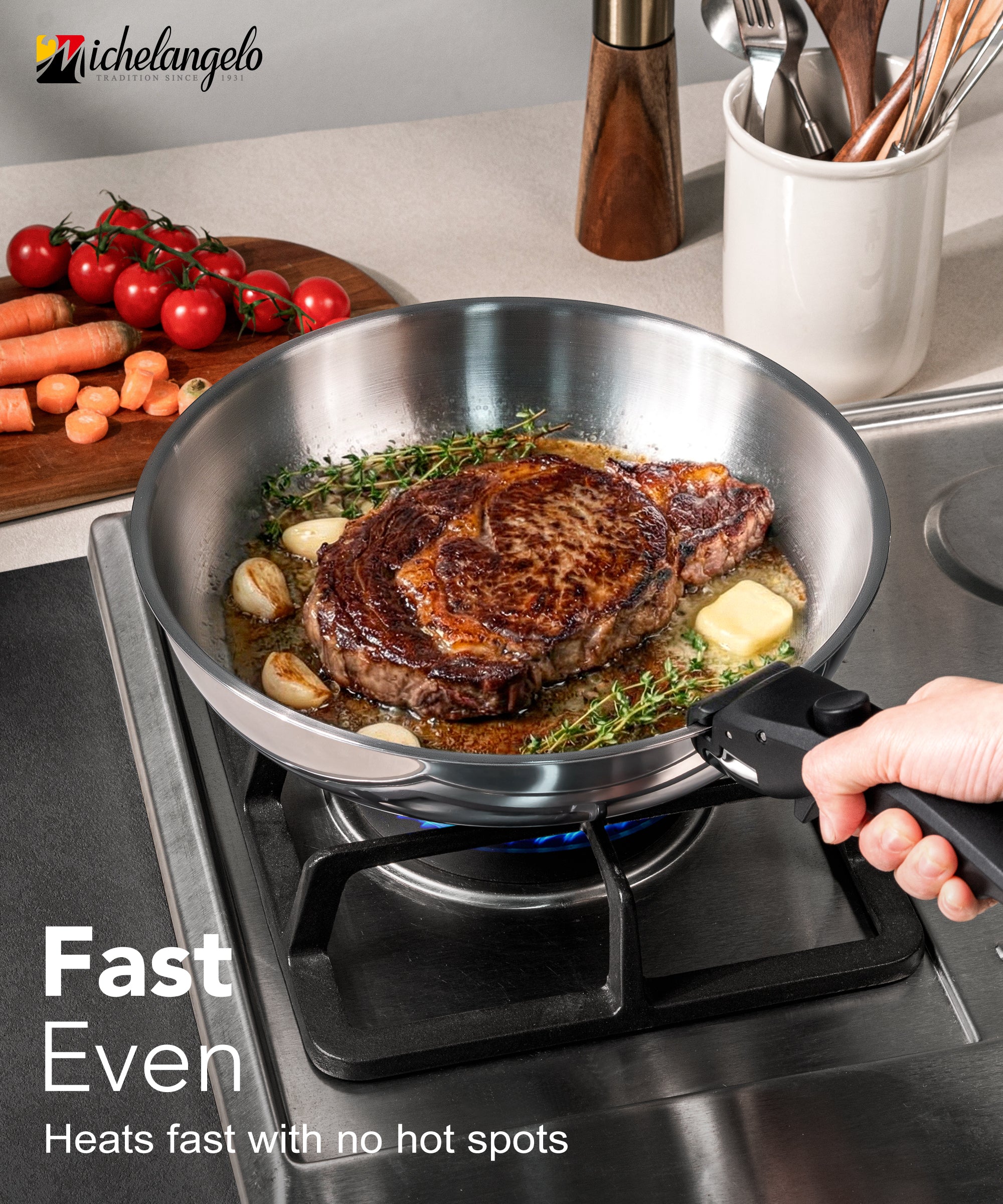 Michelangelo 14pcs Tri-Ply Stainless Steel Cookware Set with Detachable Handle