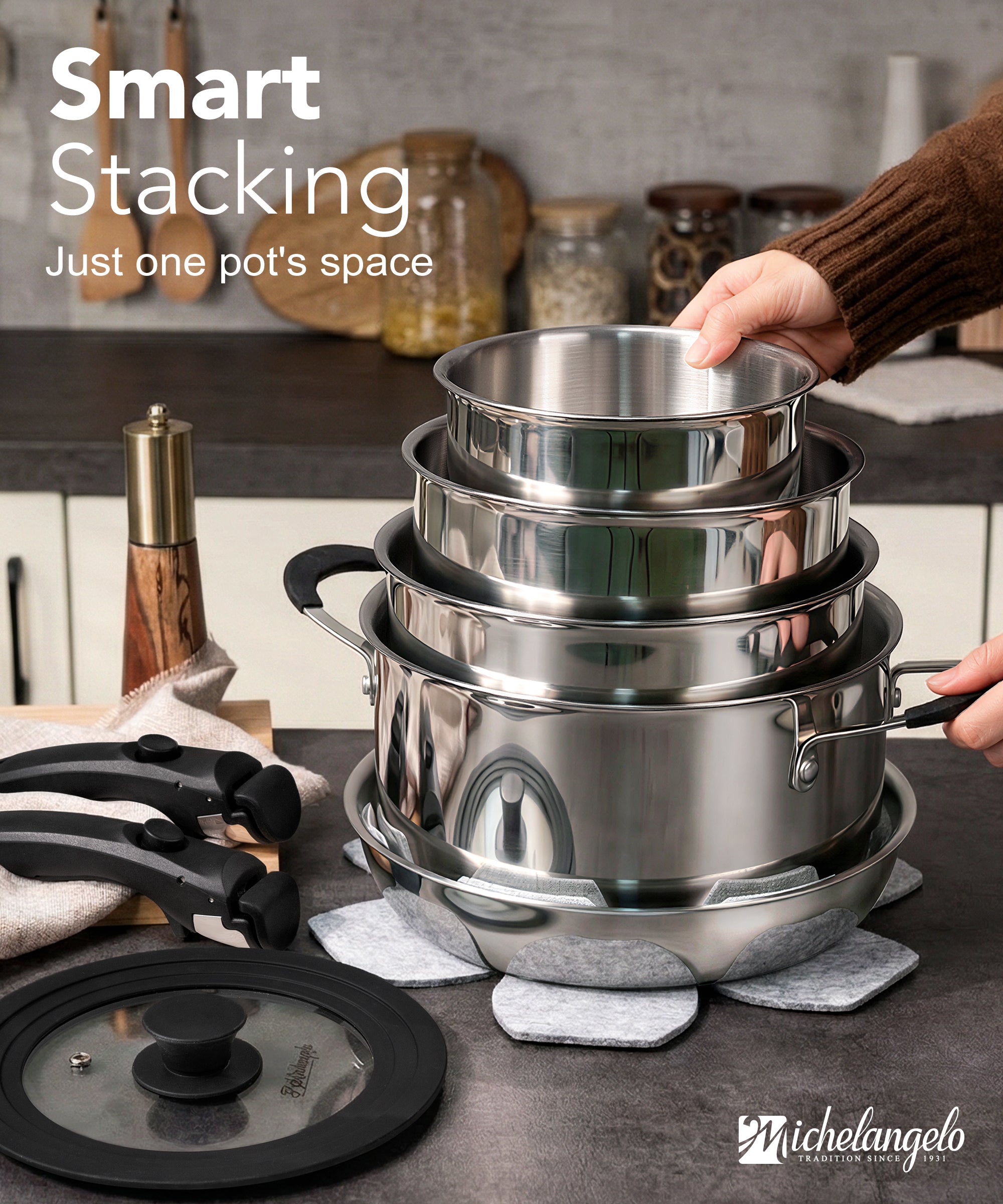 Michelangelo 14pcs Tri-Ply Stainless Steel Cookware Set with Detachable Handle