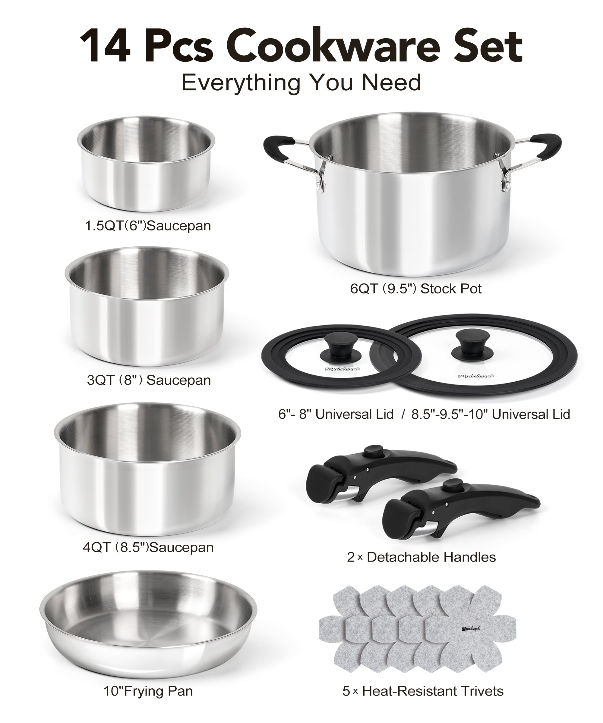 Michelangelo 14pcs Tri-Ply Stainless Steel Cookware Set with Detachable Handle