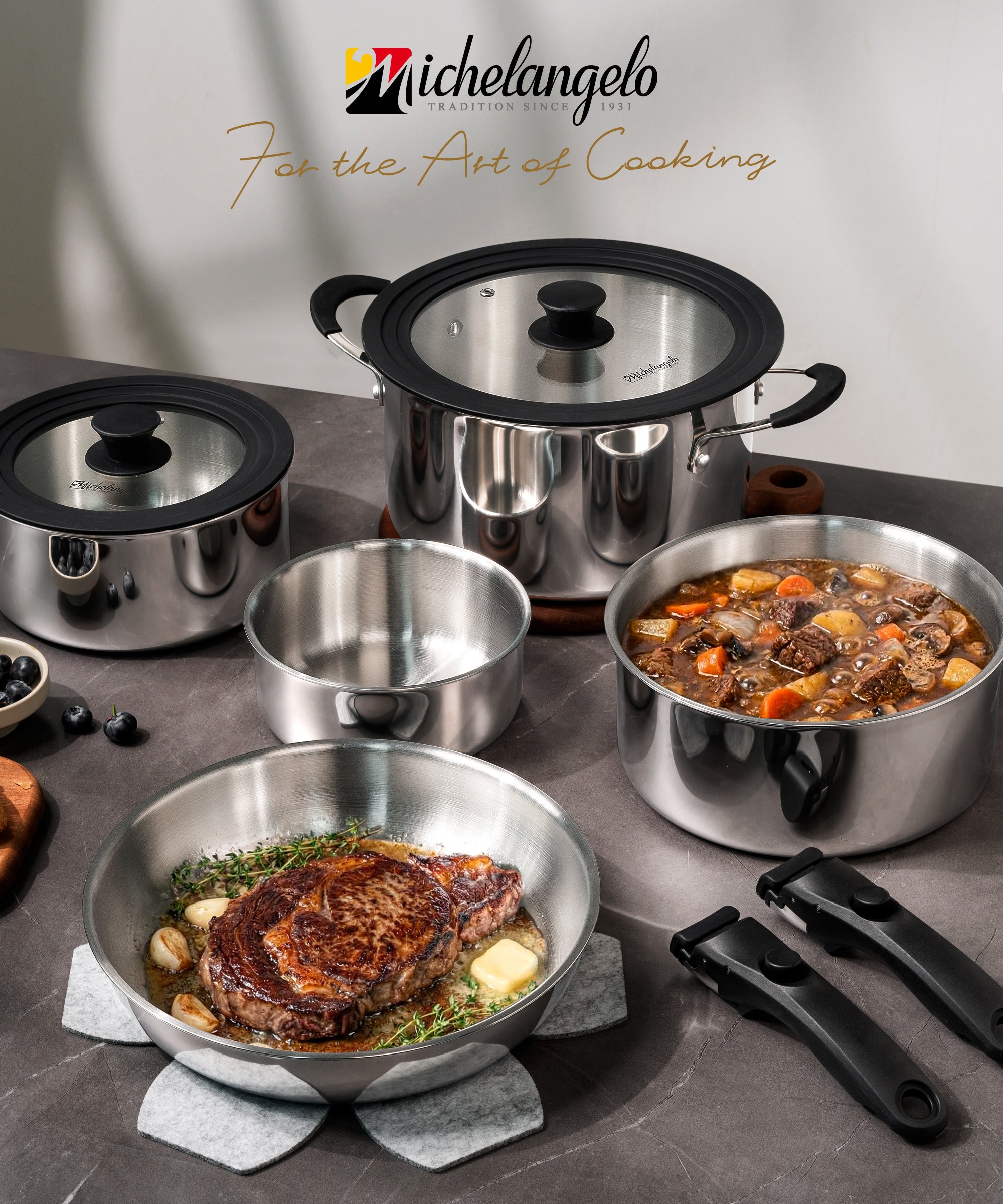 Michelangelo 14pcs Tri-Ply Stainless Steel Cookware Set with Detachable Handle