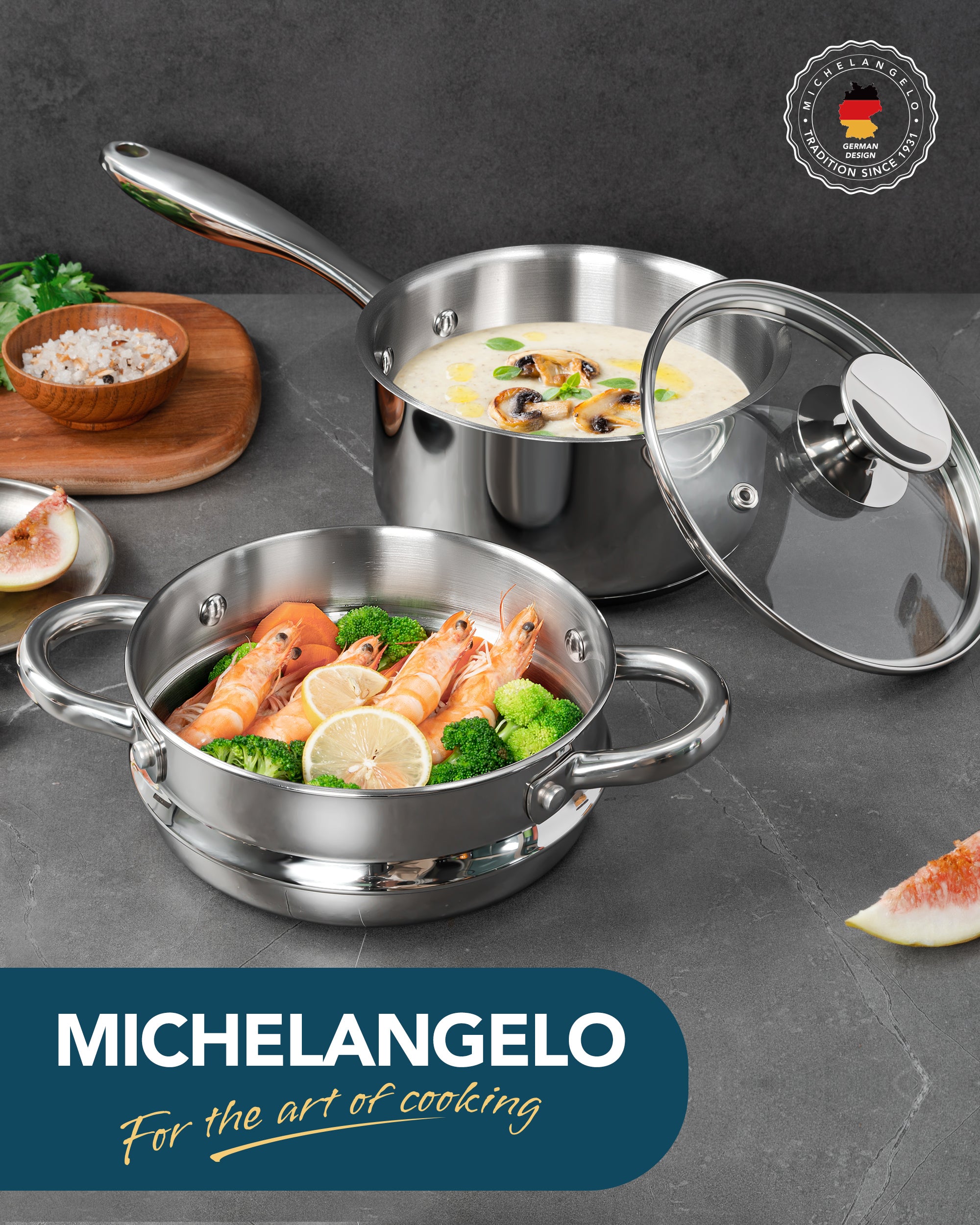 MICHELANGELO 1.5 Quart Stainless Steel Saucepan with Lid & Steamer