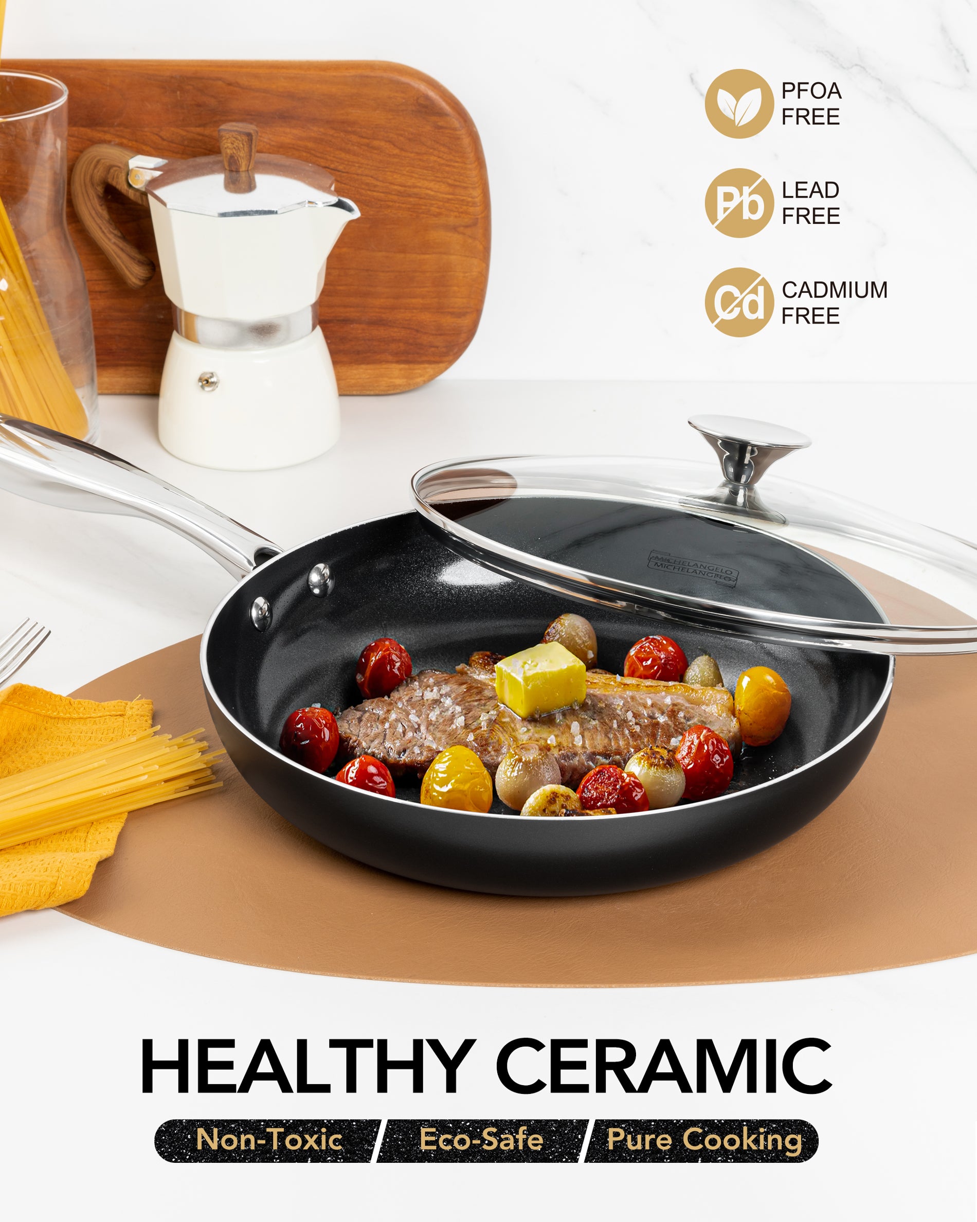 MICHELANGELO Non Stick Frying Pan with Lid, Non Toxic Ceramic Skillet, Black