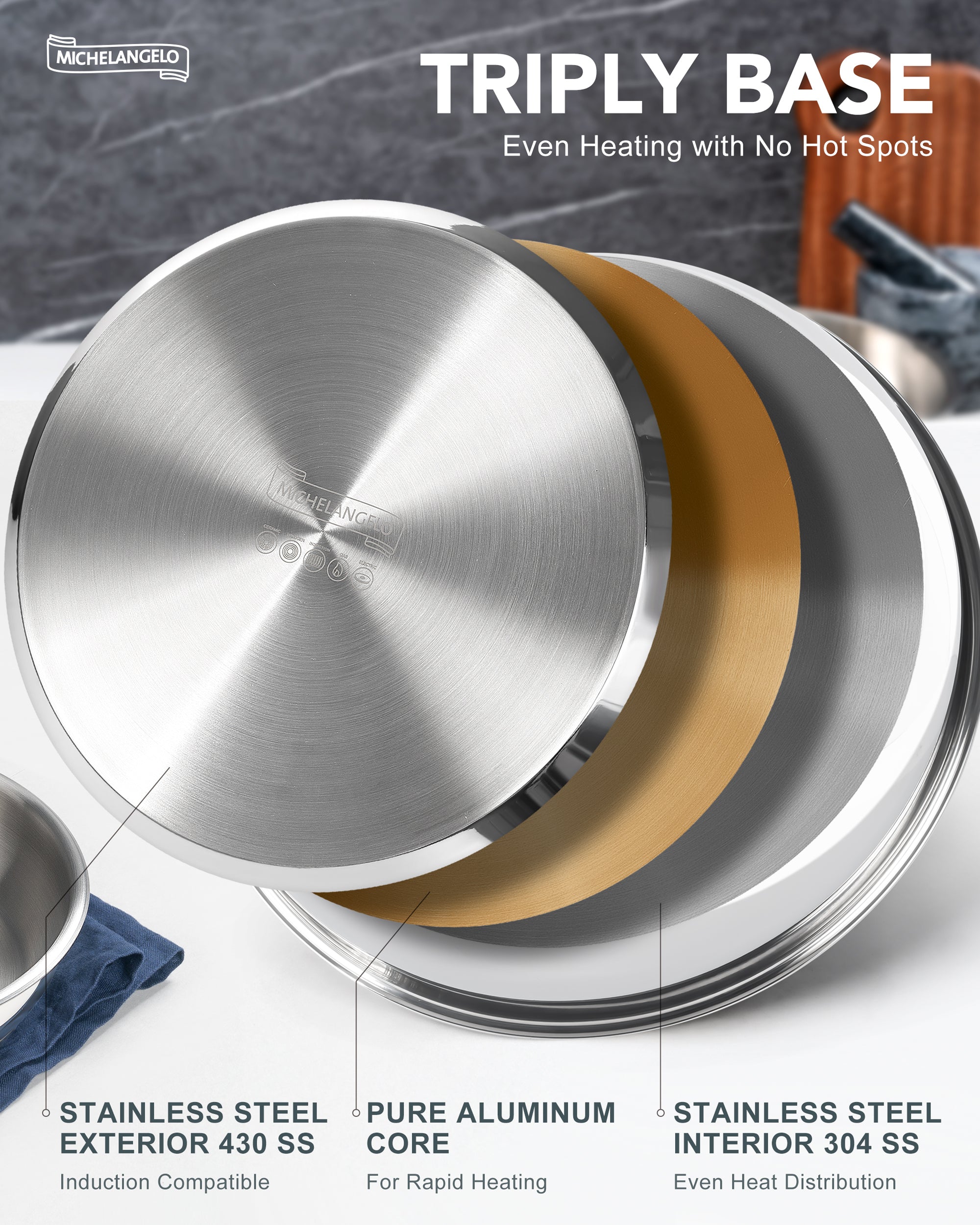 MICHELANGELO Stainless Steel Frying Pan Set with Removable Handle- 8" & 9.5" & 11"