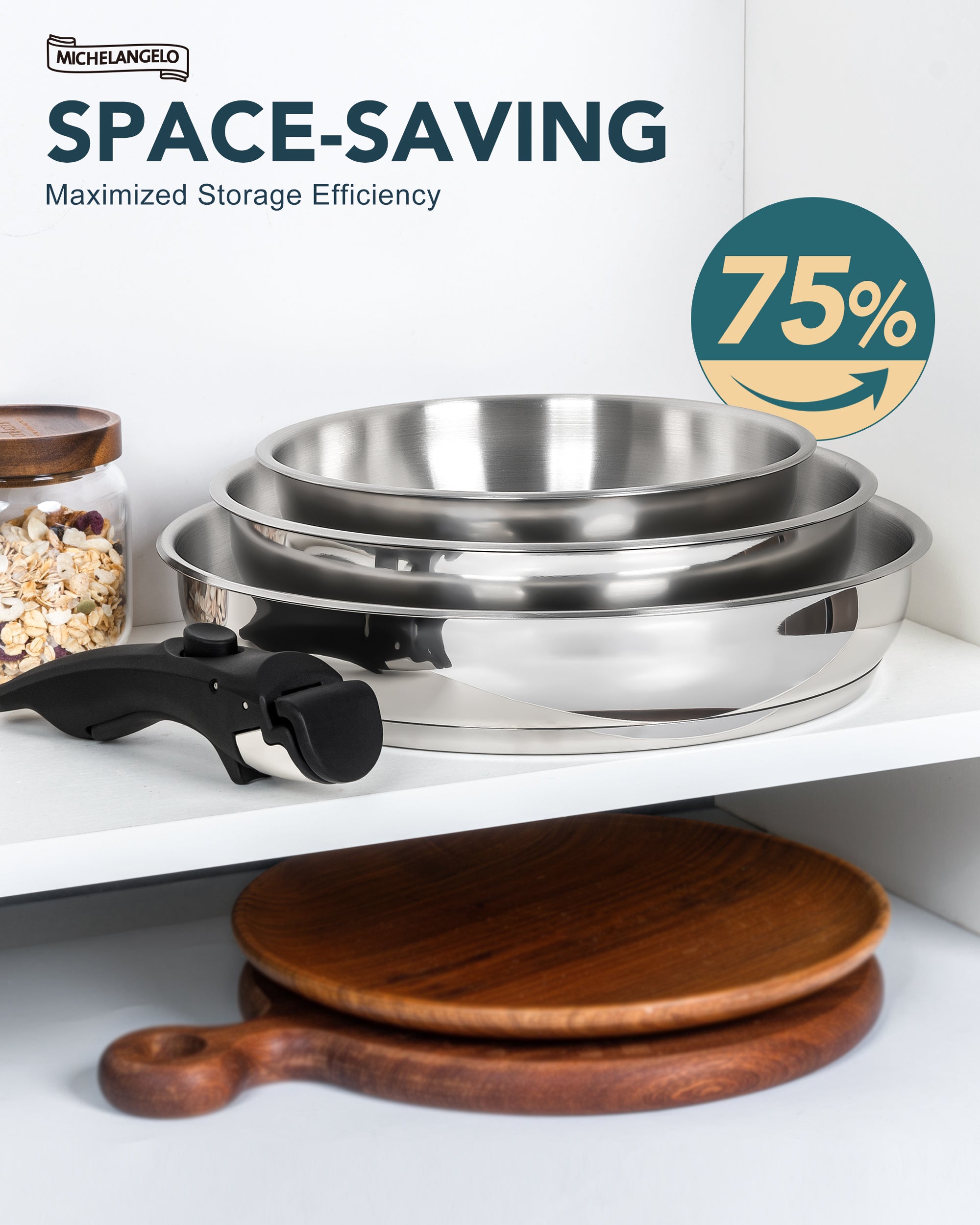 MICHELANGELO Stainless Steel Frying Pan Set with Removable Handle- 8" & 9.5" & 11"