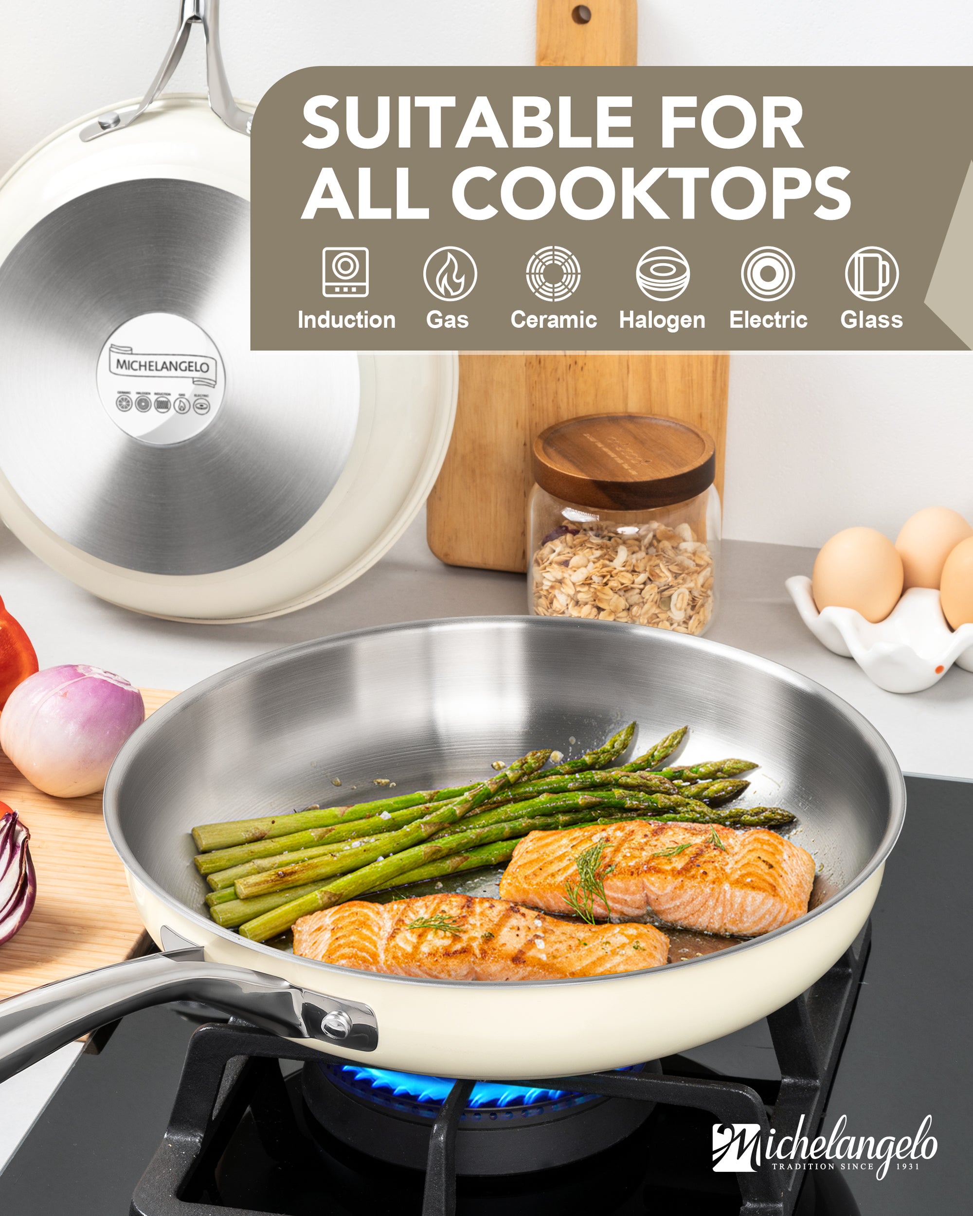 MICHELANGELO 18/10 Stainless Steel Frying Pan Set, 8" / 9.5" / 11" Cooking Pans- Beige