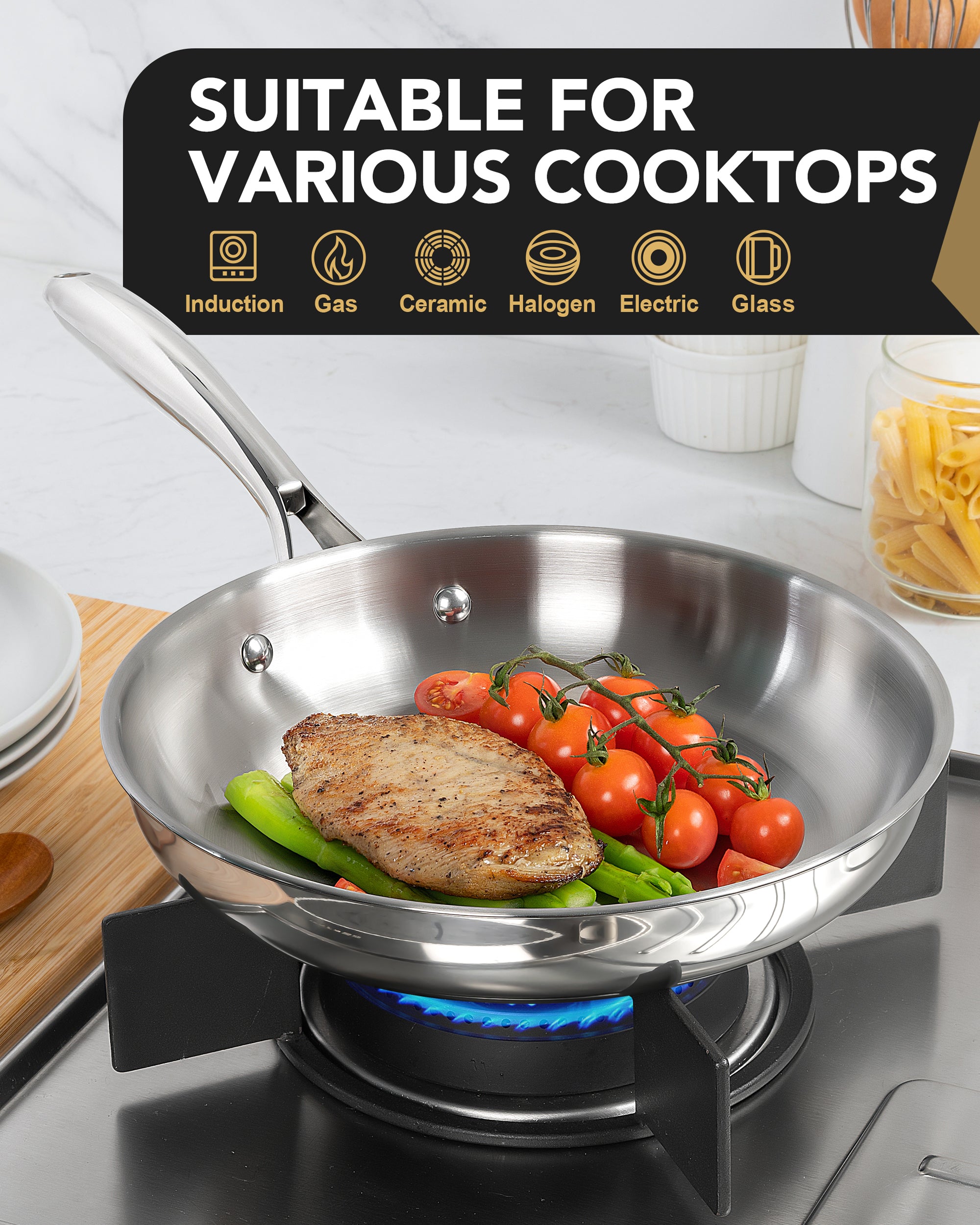 MICHELANGELO Stainless Steel Frying Pan Set, 8" 10" Cooking Pan set with Triply Base