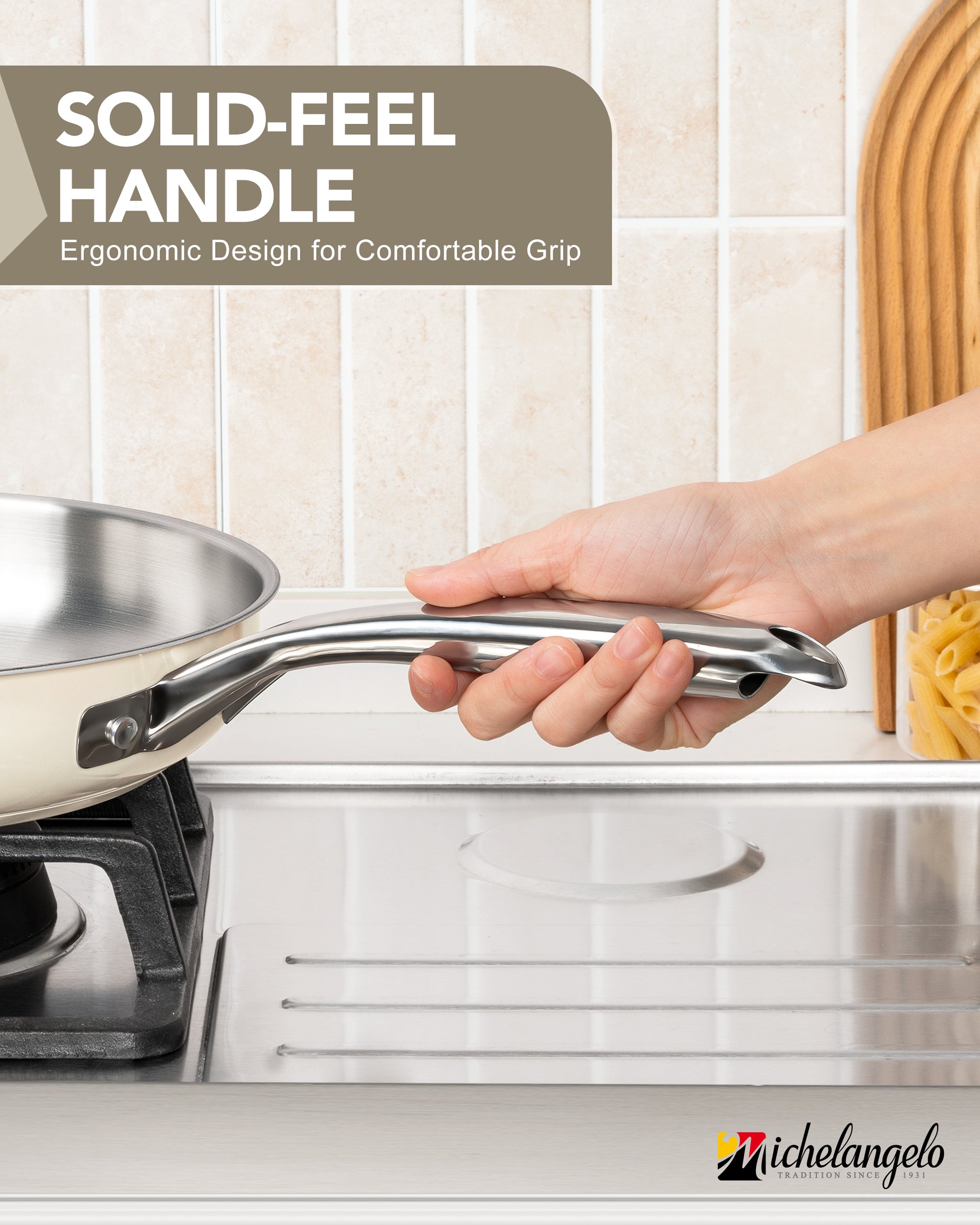 MICHELANGELO 18/10 Stainless Steel Frying Pan Set, 8" / 9.5" / 11" Cooking Pans- Beige