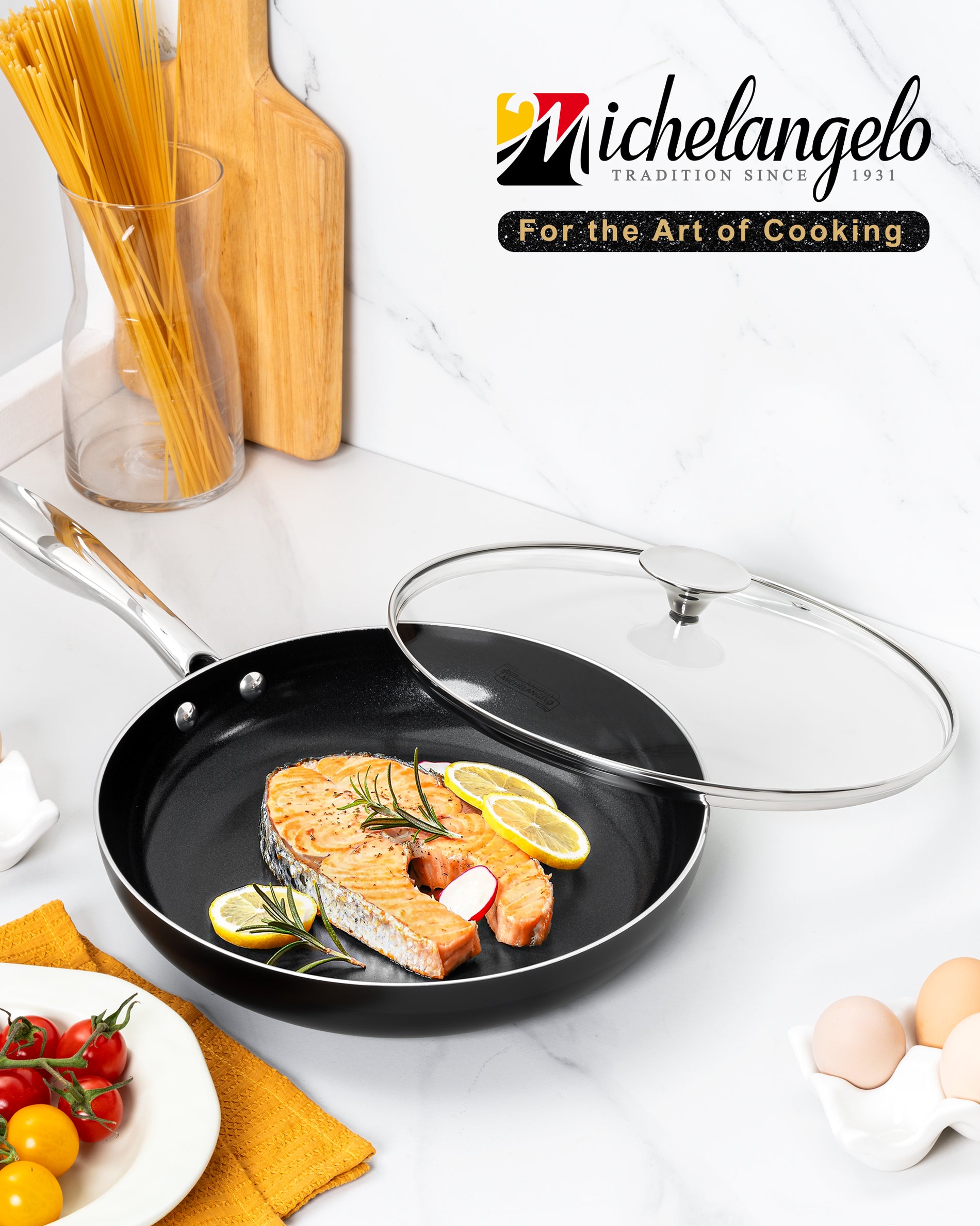 MICHELANGELO Non Stick Frying Pan with Lid, Non Toxic Ceramic Skillet, Black
