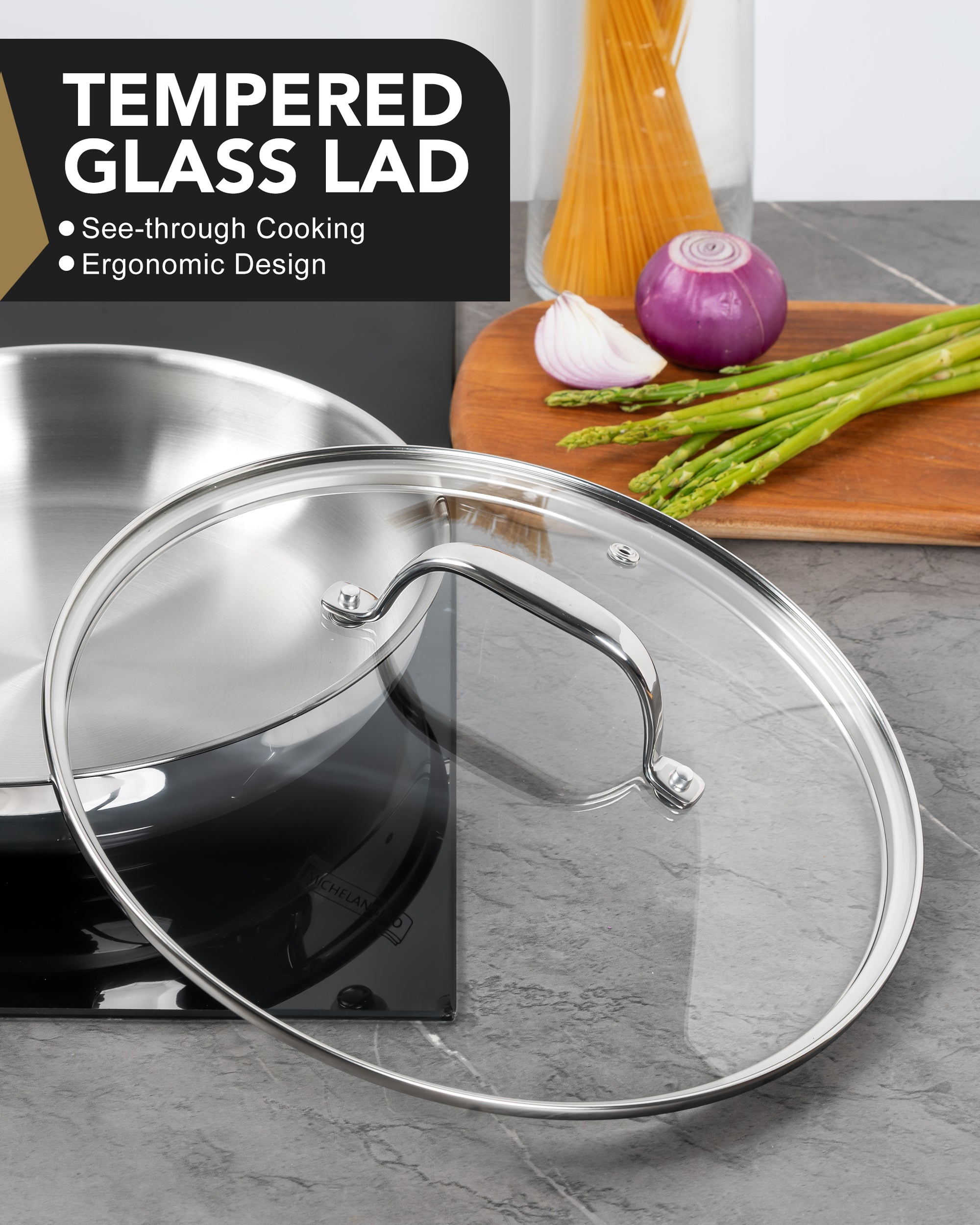 MICHELANGELO Stainless Steel Frying Pan Set with Lid, 8" 10" Cooking Pan set with Triply Base