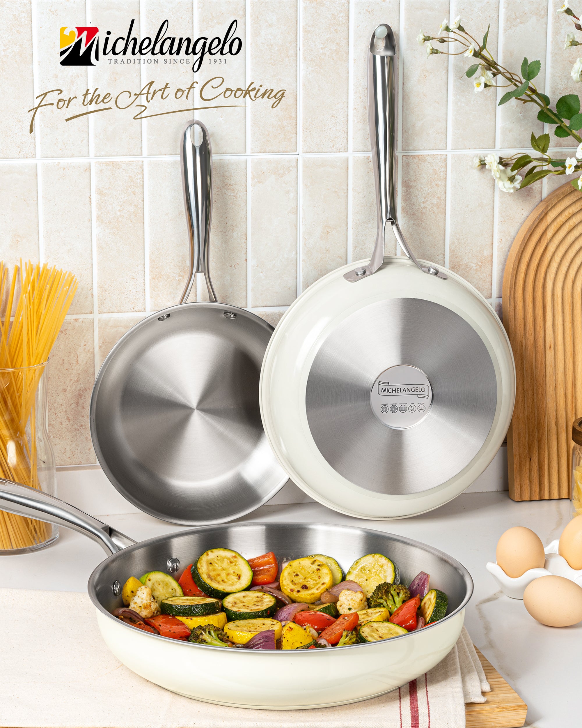 MICHELANGELO 18/10 Stainless Steel Frying Pan Set, 8" / 9.5" / 11" Cooking Pans- Beige