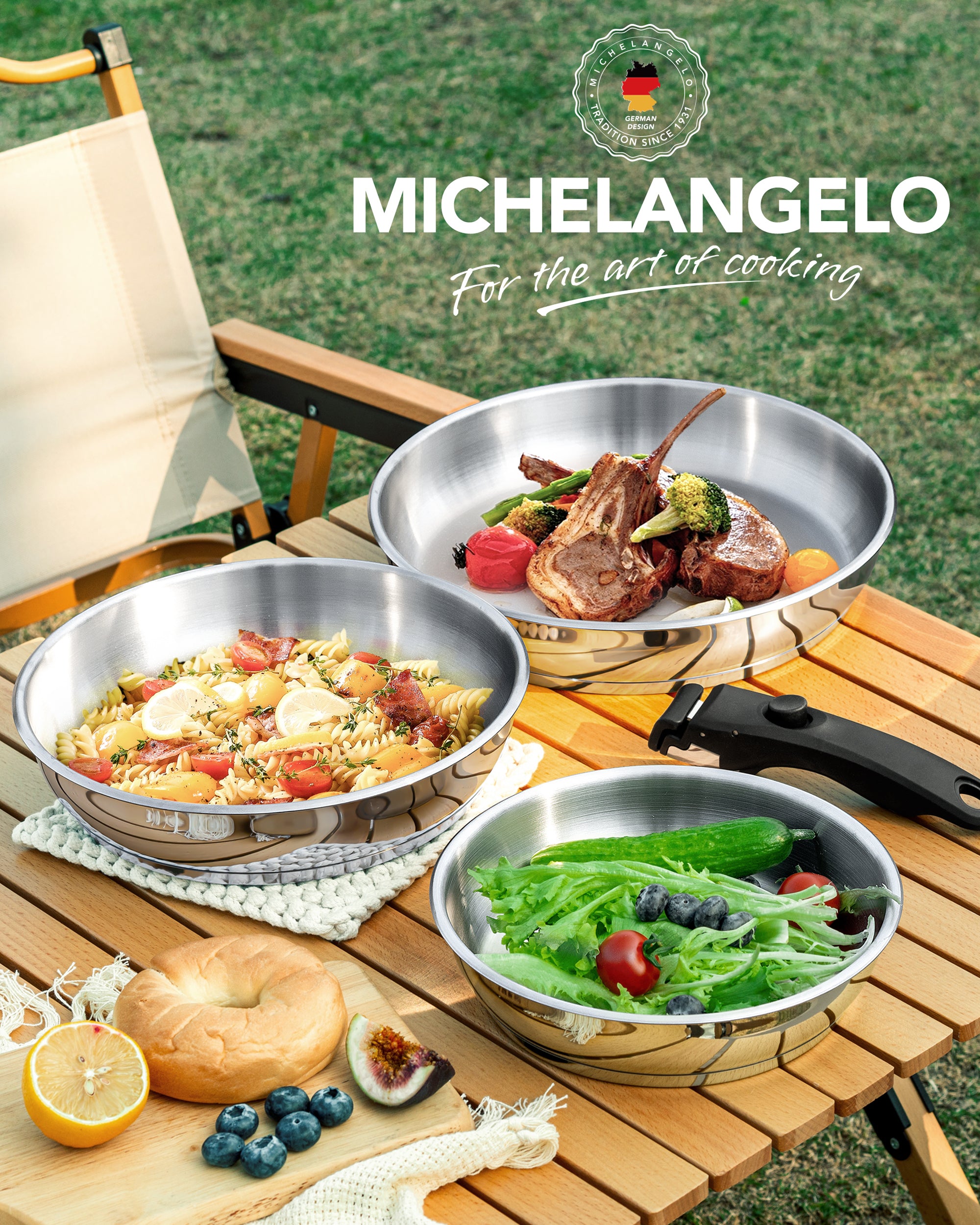 MICHELANGELO Stainless Steel Frying Pan Set with Removable Handle- 8" & 9.5" & 11"