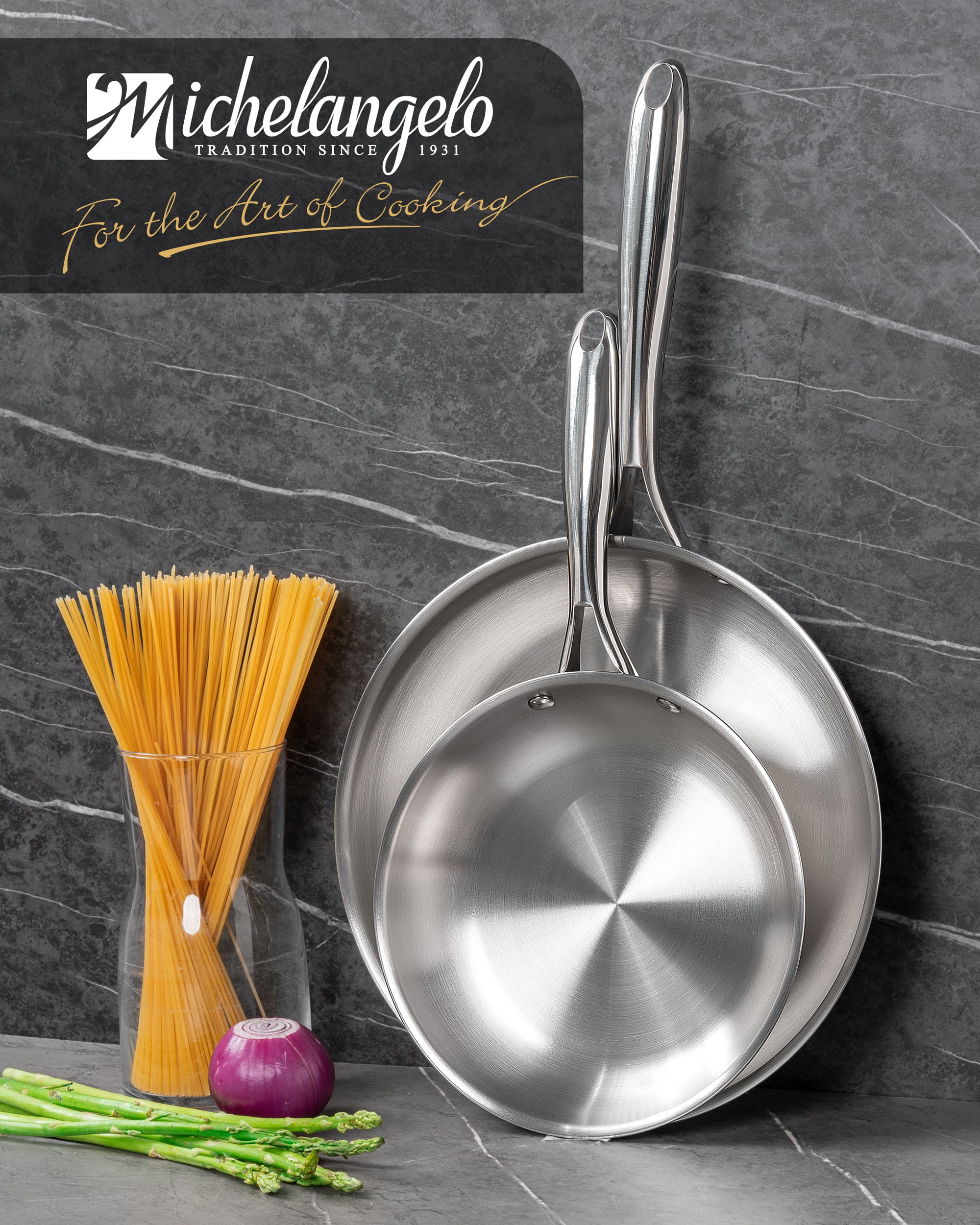 MICHELANGELO Stainless Steel Frying Pan Set, 8" 10" Cooking Pan set with Triply Base