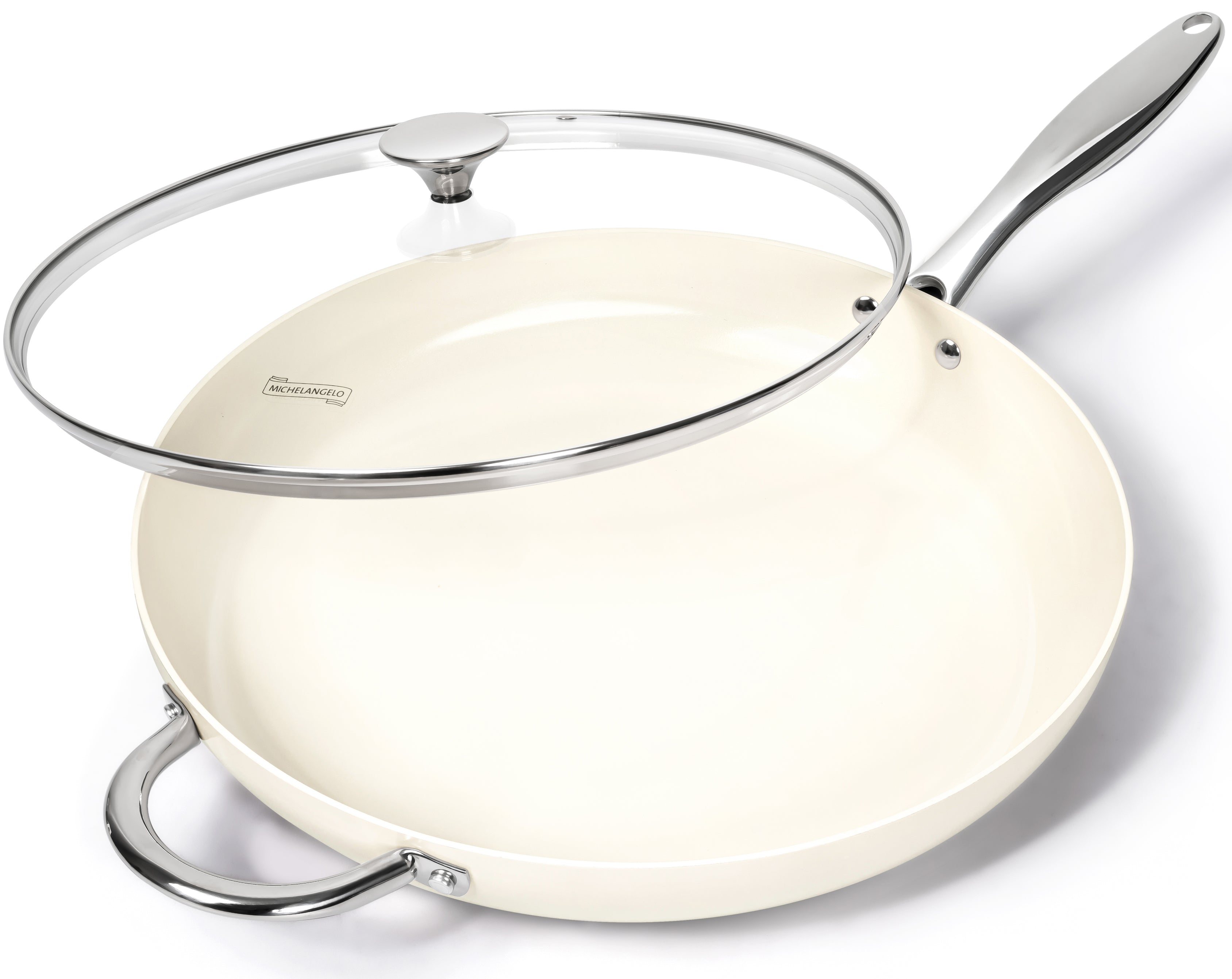 MICHELANGELO Non Stick Frying Pan with Lid, 14inch Non Toxic Ceramic Skillet, White