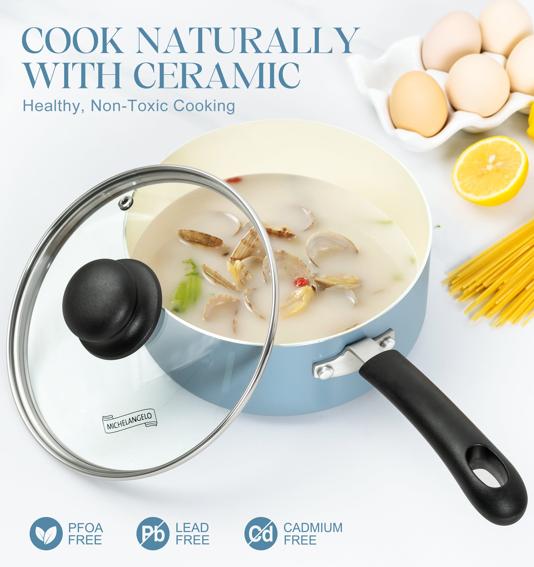 MICHELANGELO Nonstick Sauce Pan with Lid, Ceramic Saucepan Set- 1Qt & 2Qt & 3Qt, Blue