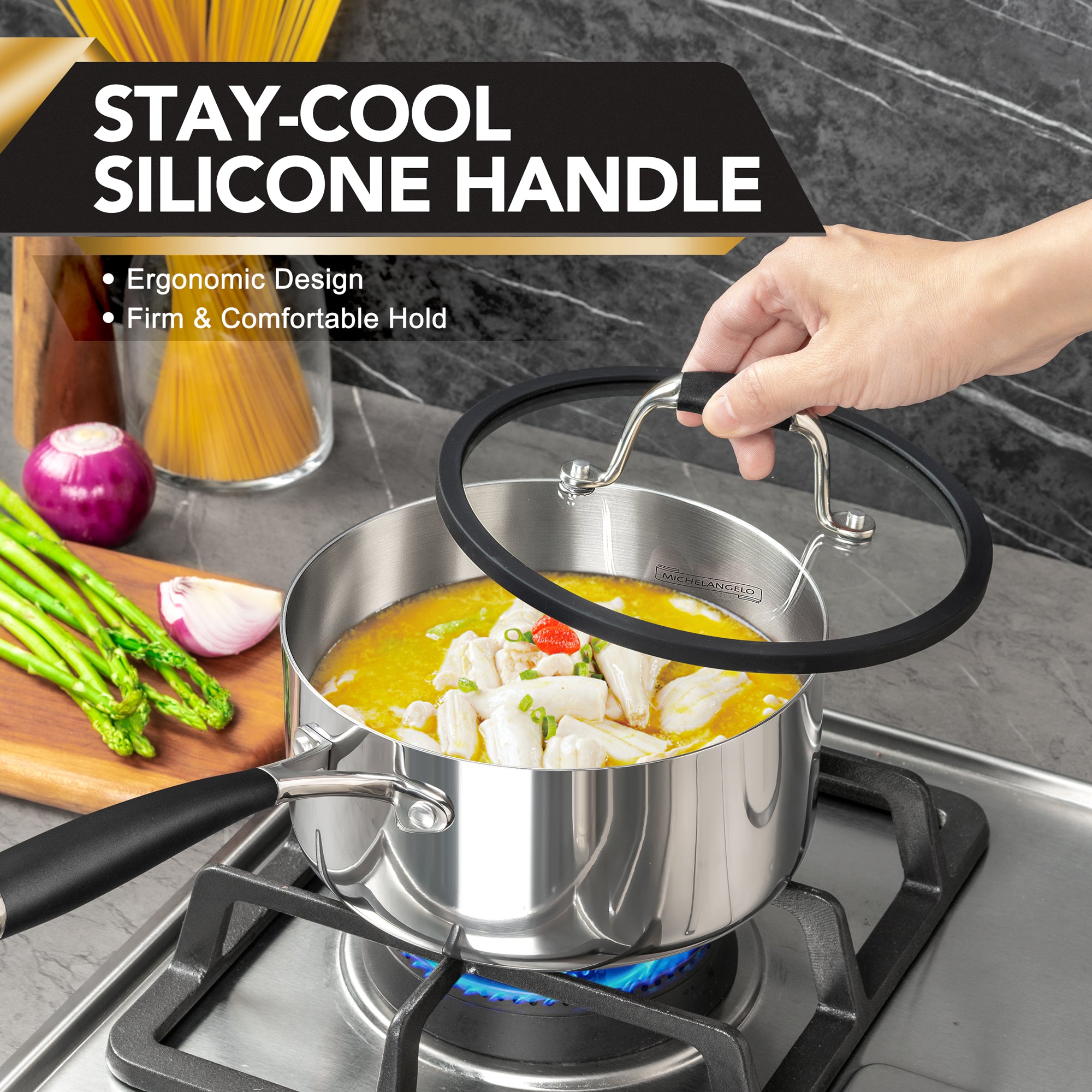 MICHELANGELO Triply Stainless Steel Saucepan Set with Strainer Lid- 1QT & 2QT & 3QT