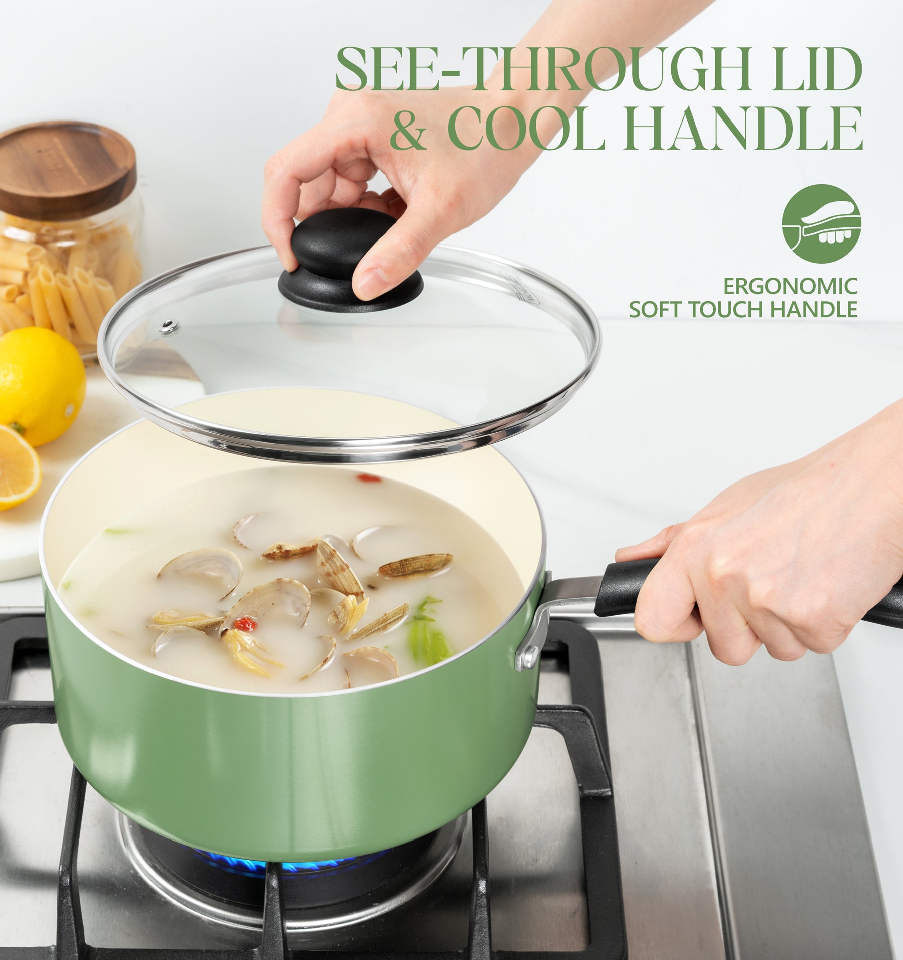MICHELANGELO Nonstick Sauce Pan with Lid, Ceramic Saucepan Set- 1Qt & 2Qt & 3Qt, Green