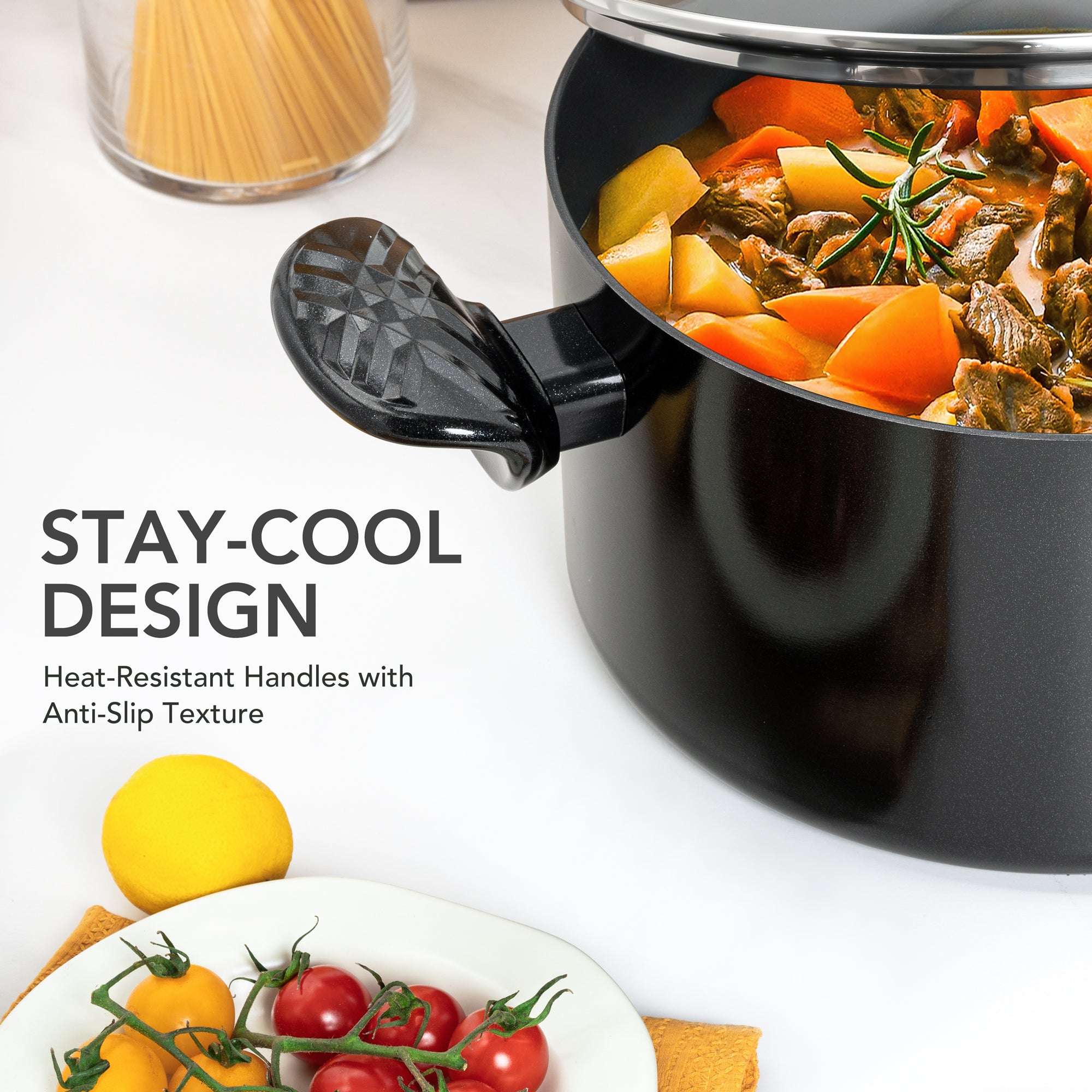 MICHELANGELO Stock Pot with Lid - 6 QT Nonstick Ceramic Cooking Pot, Black