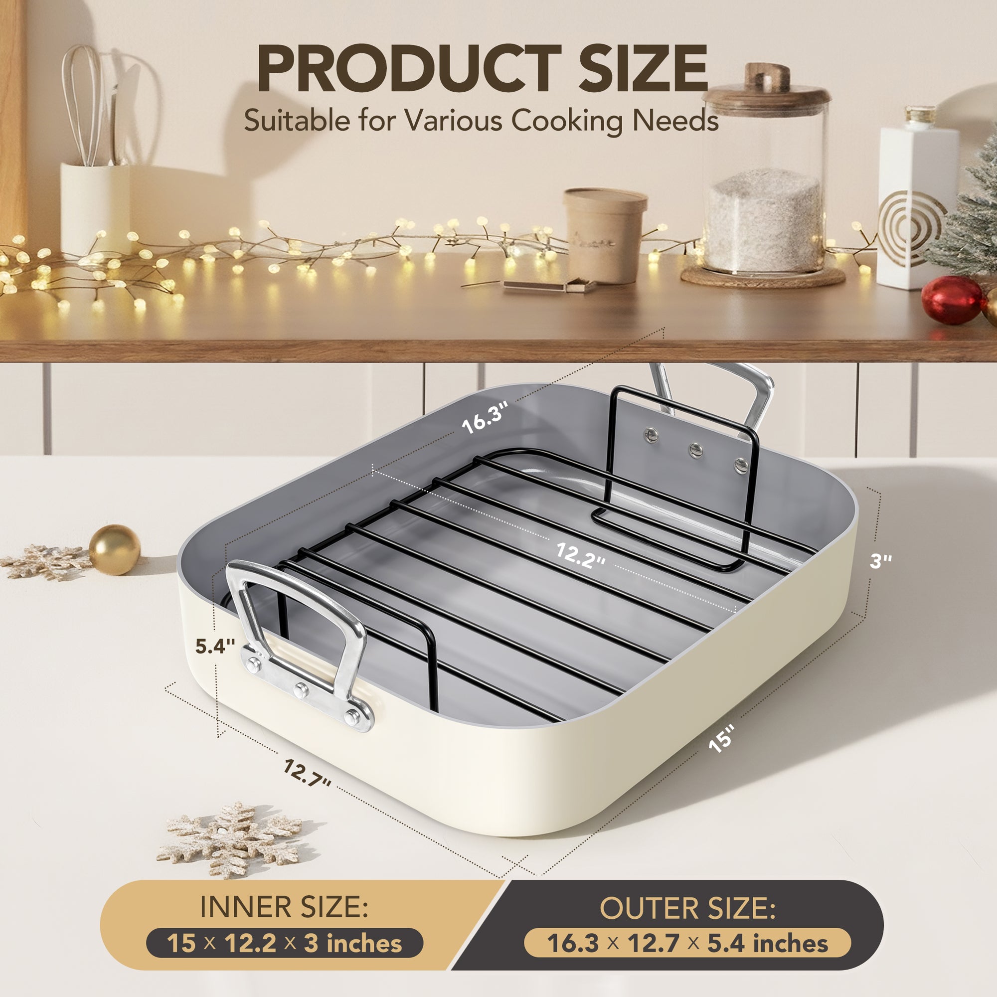 MICHELANGELO Nonstick Ceramic Roasting Pan with Rack，15 Inch x 13 Inch - Beige