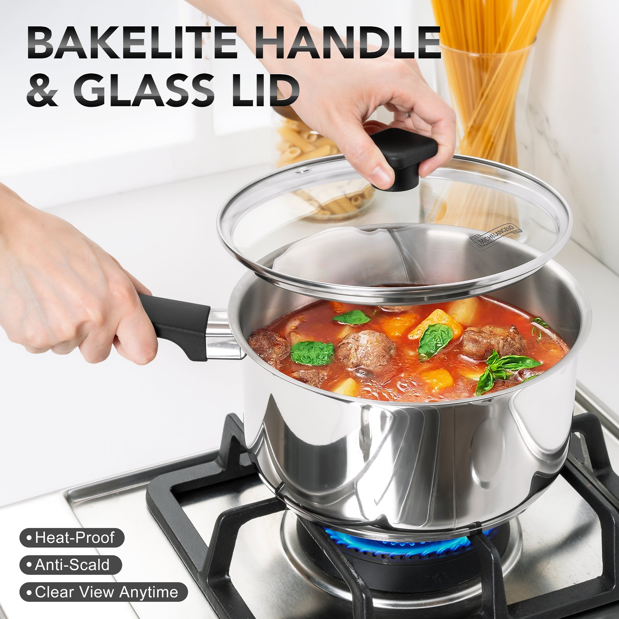 MICHELANGELO Stainless Steel Sauce Pan 1QT & 2QT & 3QT with Lid , Nonstick Sauce Pans Set