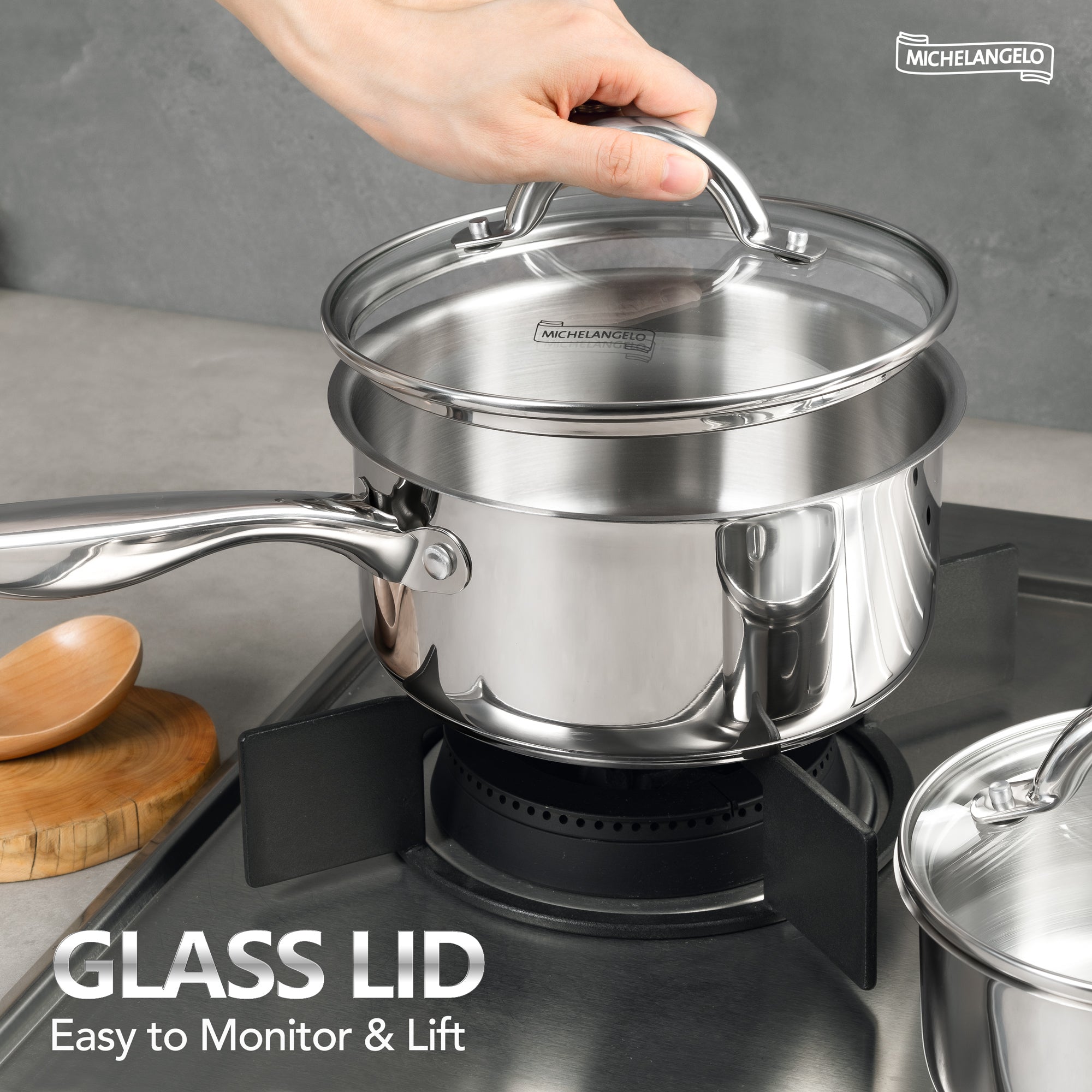 MICHELANGELO Saucepan Set 6pc, Triply Stainless Steel Sauce Pan with Lids 1QT & 2QT &3QT