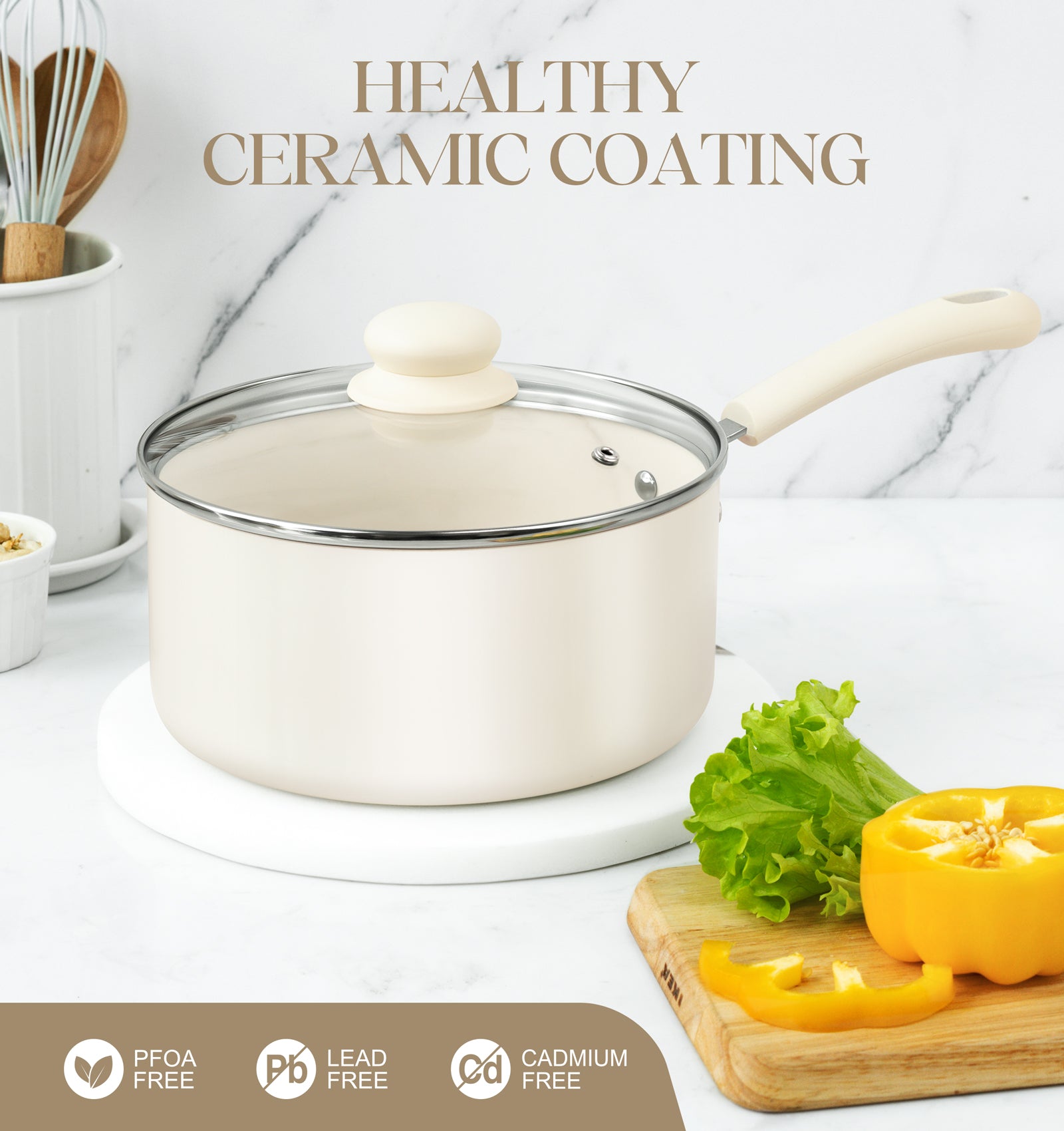 MICHELANGELO Sauce Pan Set With Lid, 1QT & 2QT & 3QT Ceramic Saucepans