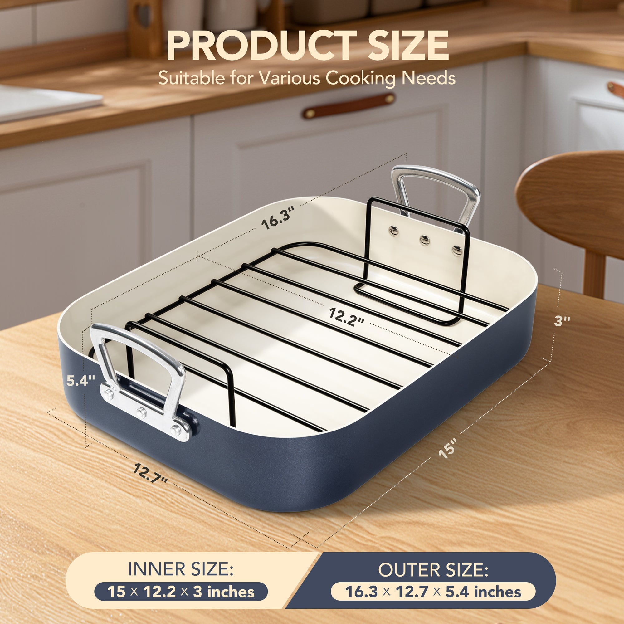 MICHELANGELO Nonstick Ceramic Roasting Pan with Rack，15 Inch x 13 Inch - Haze Blue