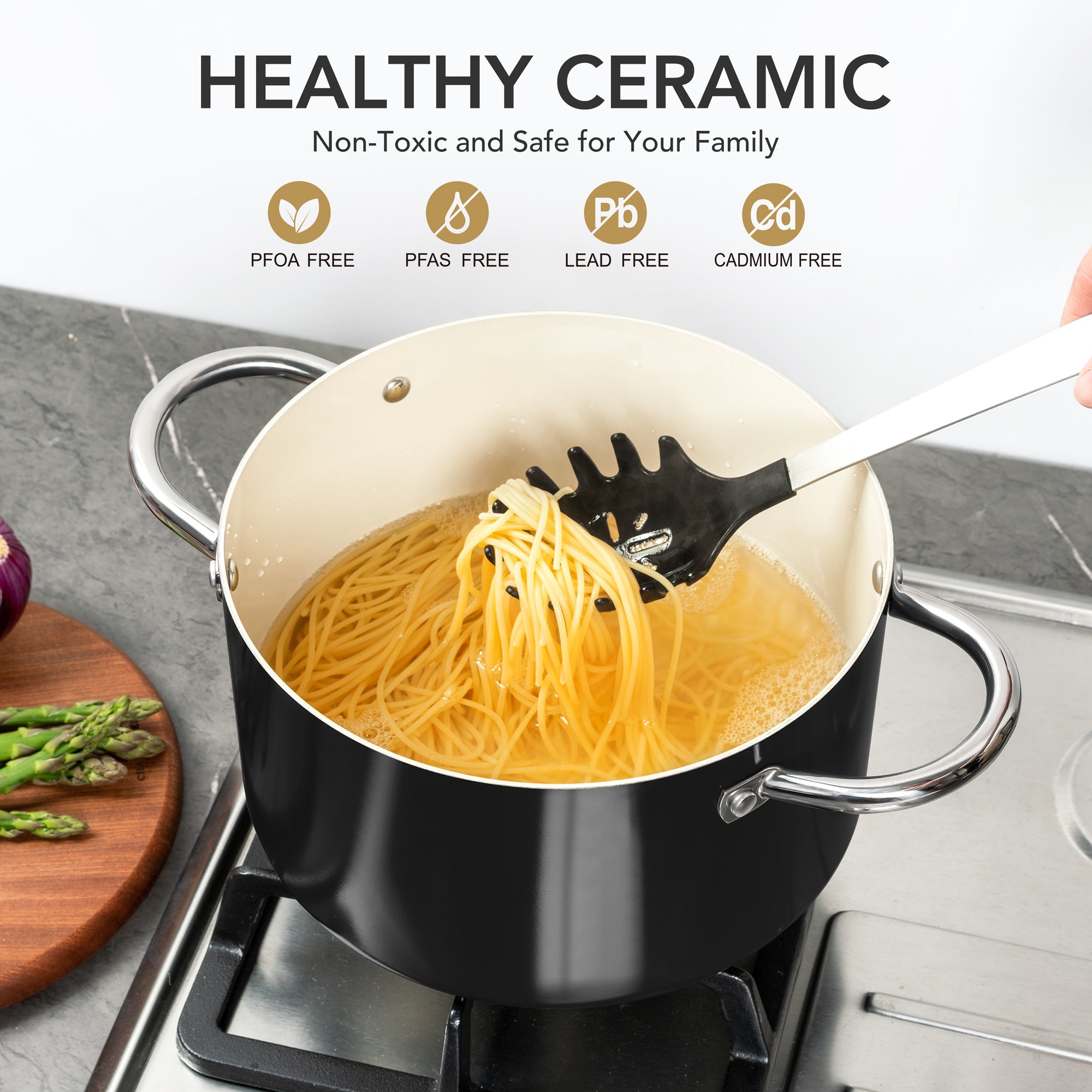 MICHELANGELO Stock Pot with Lid, Nonstick 6 Quart Soup Pot with Ceramic Coating, Black