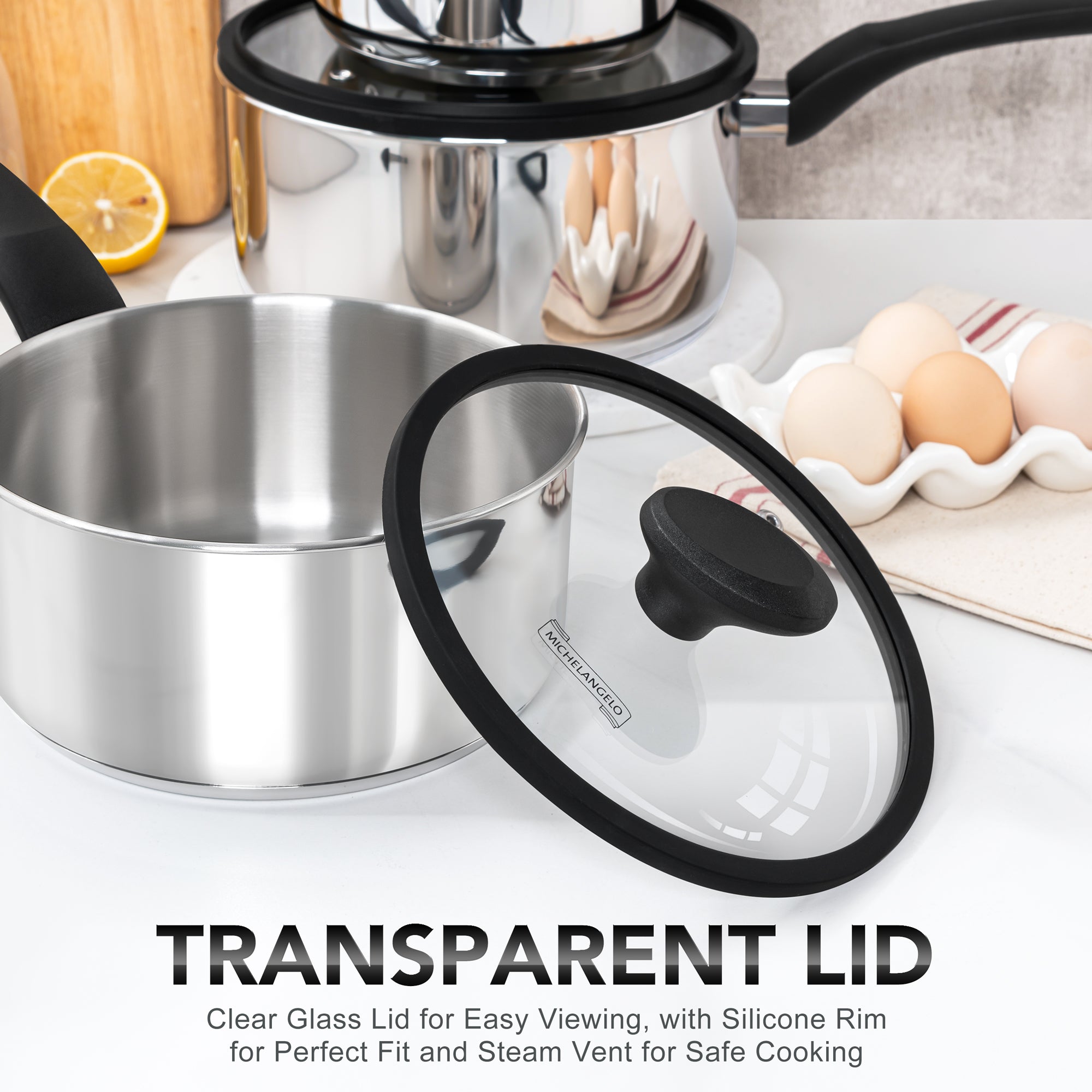 MICHELANGELO Triply Stainless Steel Saucepan with Lid and Bakelite Handle-1QT & 2QT & 3QT