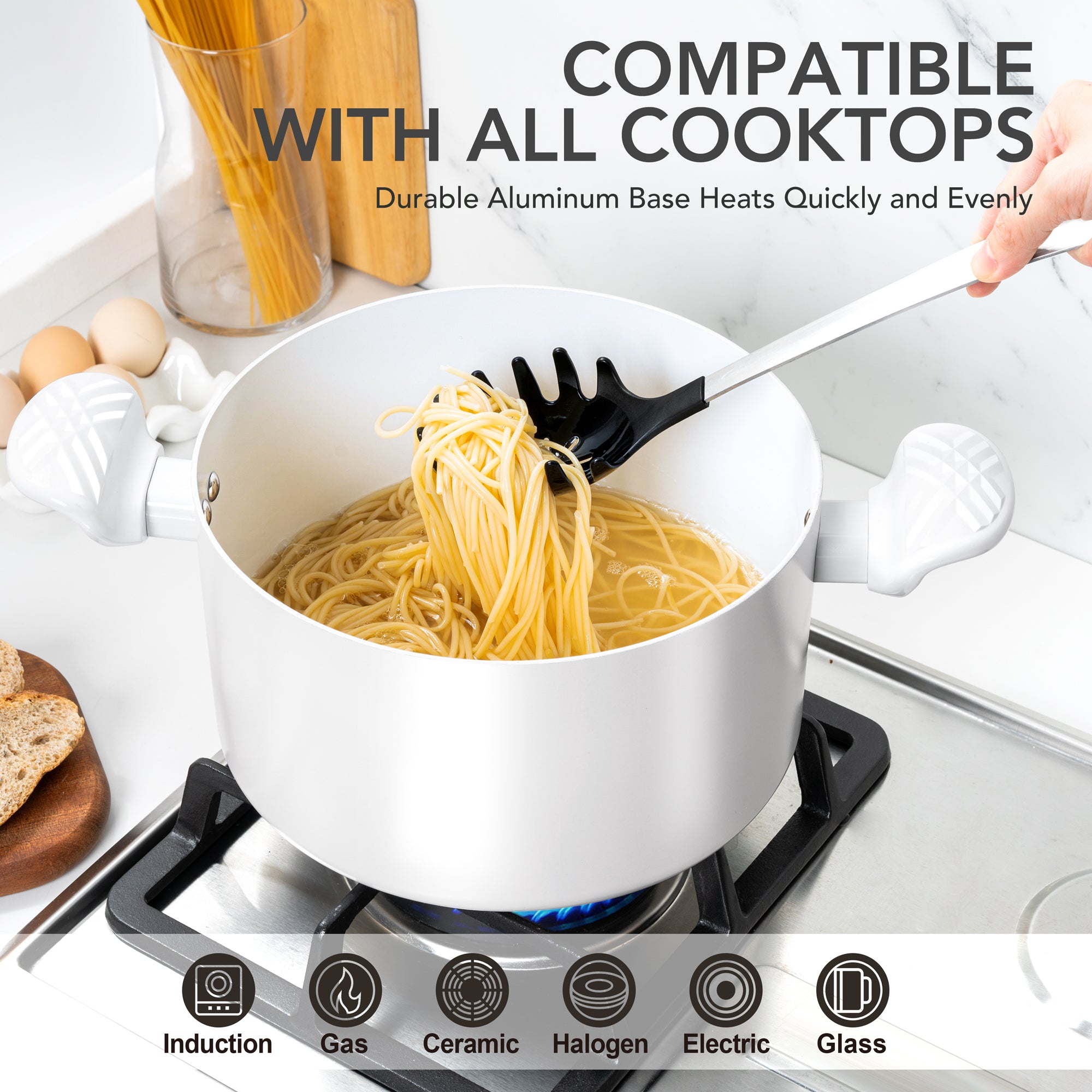 MICHELANGELO Stock Pot with Lid - 6 QT Nonstick Ceramic Cooking Pot, white