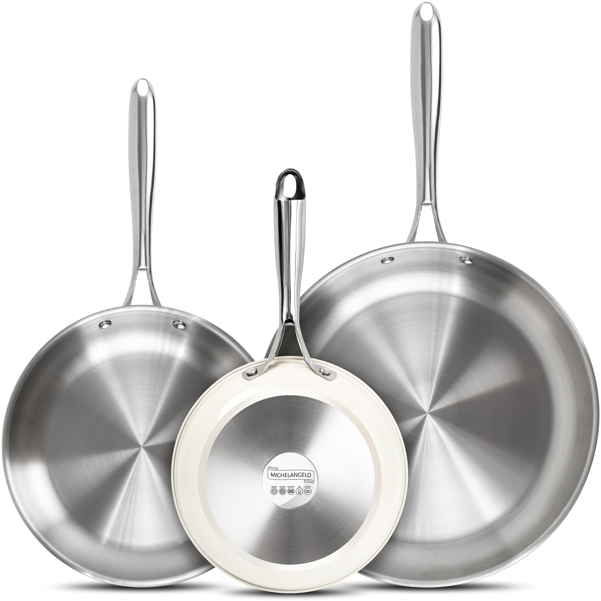 MICHELANGELO 18/10 Stainless Steel Frying Pan Set, 8" / 9.5" / 11" Cooking Pans- Beige