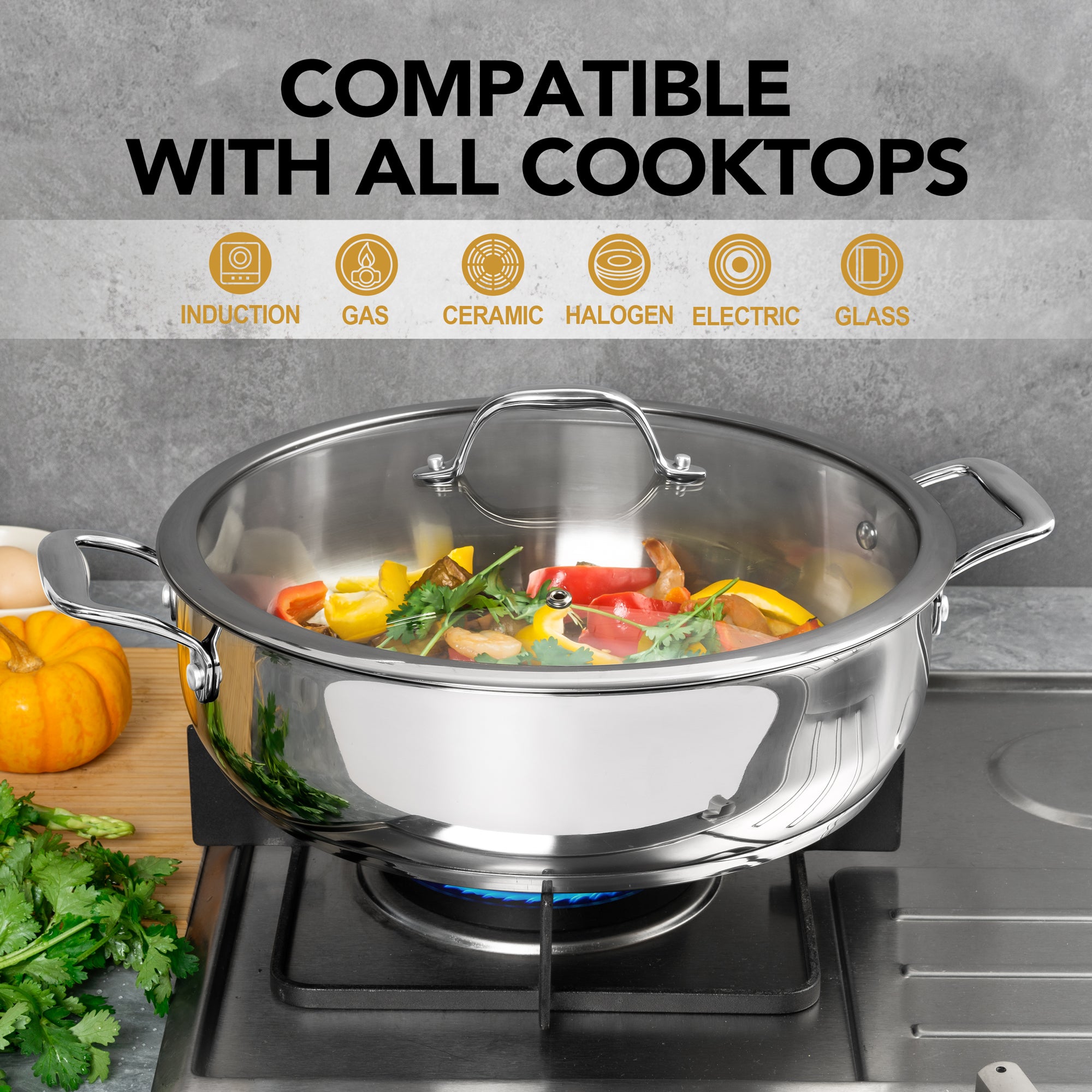 MICHELANGELO 12inch Stainless Steel Pan with Lid - 6 Quart Saute Pan, Deep Frying Pan