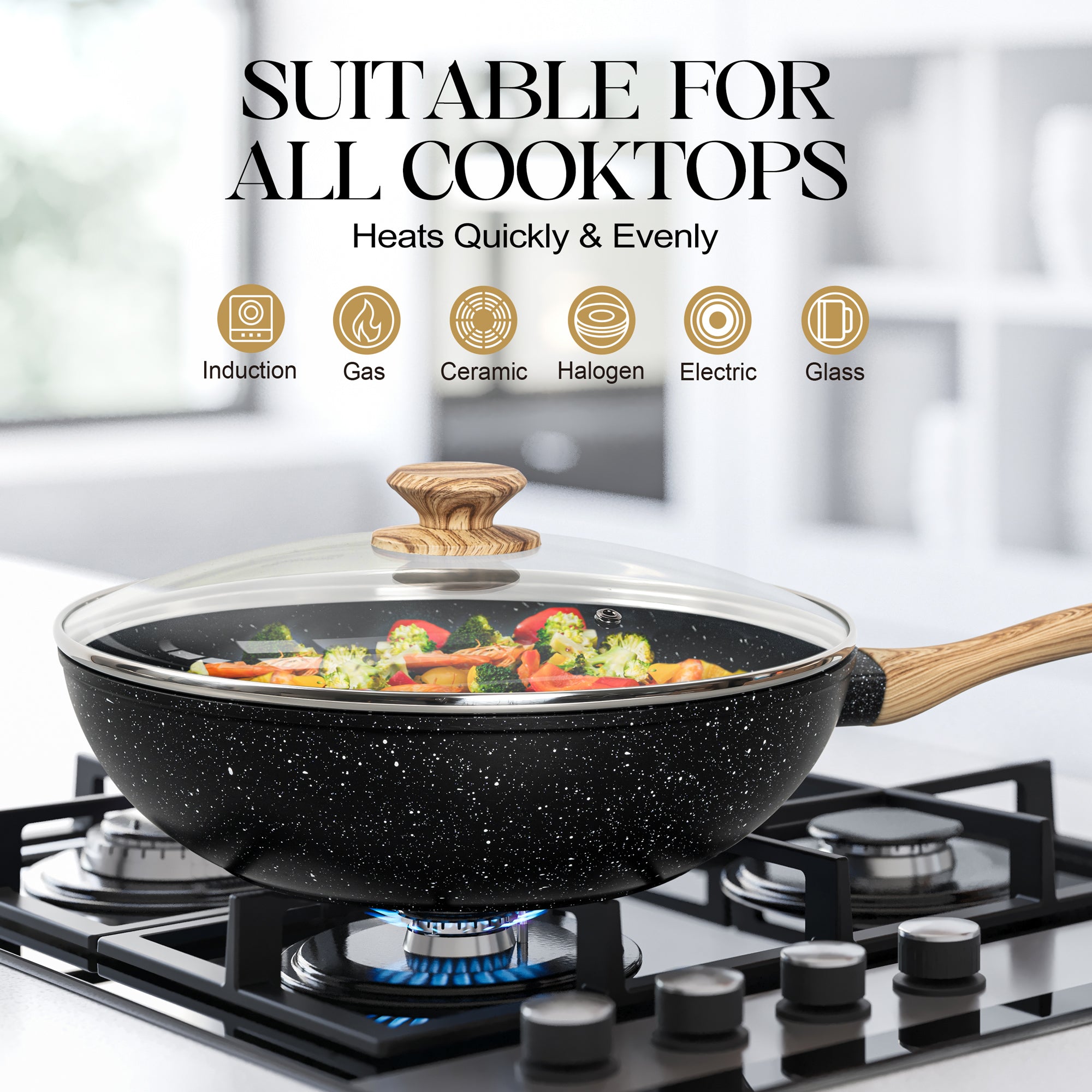 MICHELANGELO 12 Inch Wok Pan with Lid  Black