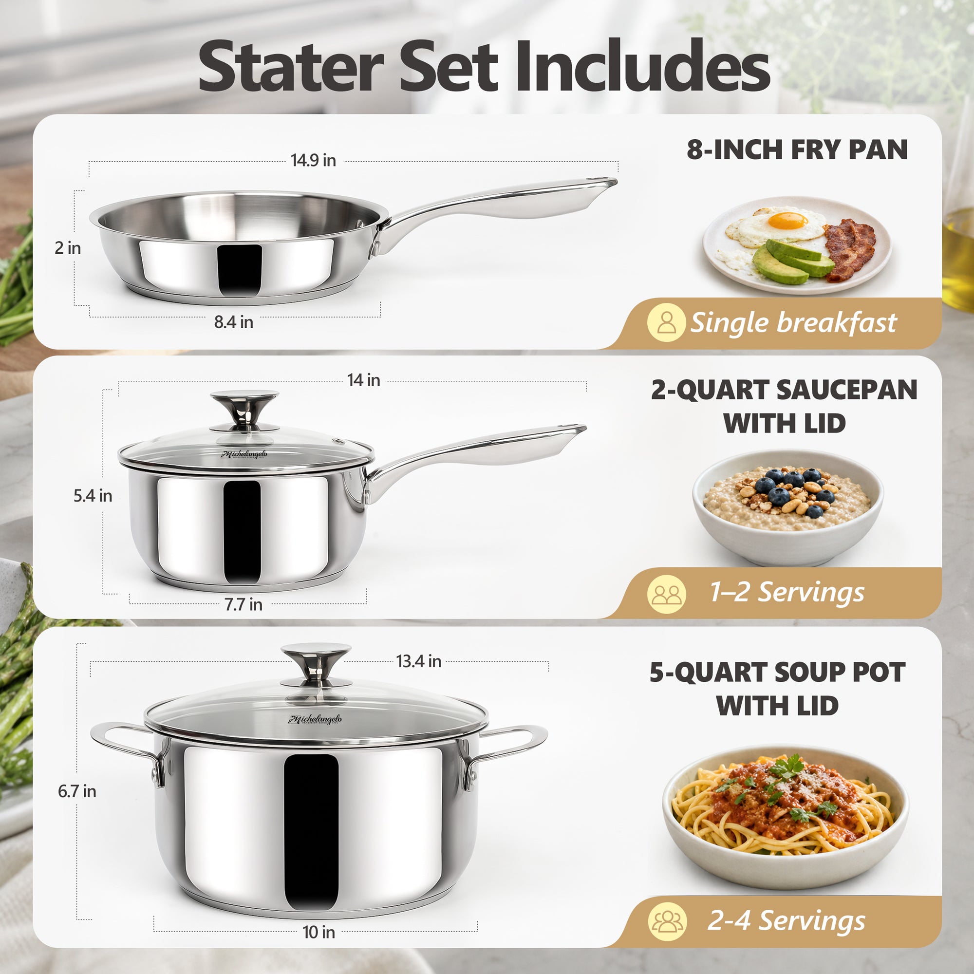 MICHELANGELO 5-Piece Stainless Steel Pots and Pans Set with Glass Lids