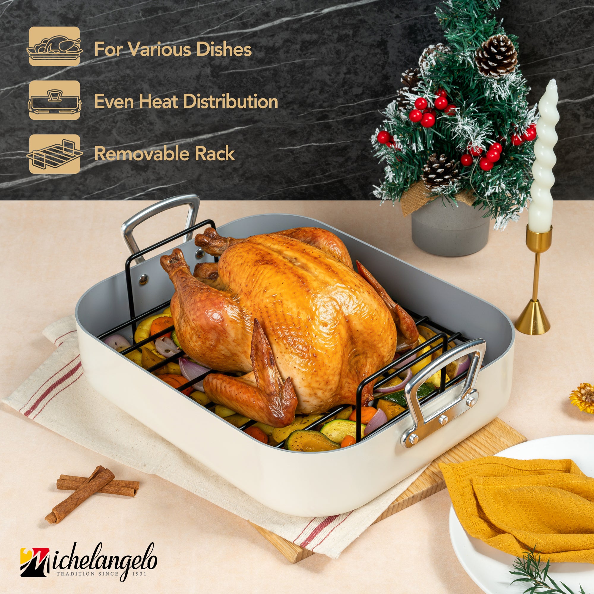 MICHELANGELO Nonstick Ceramic Roasting Pan with Rack，15 Inch x 13 Inch - Beige