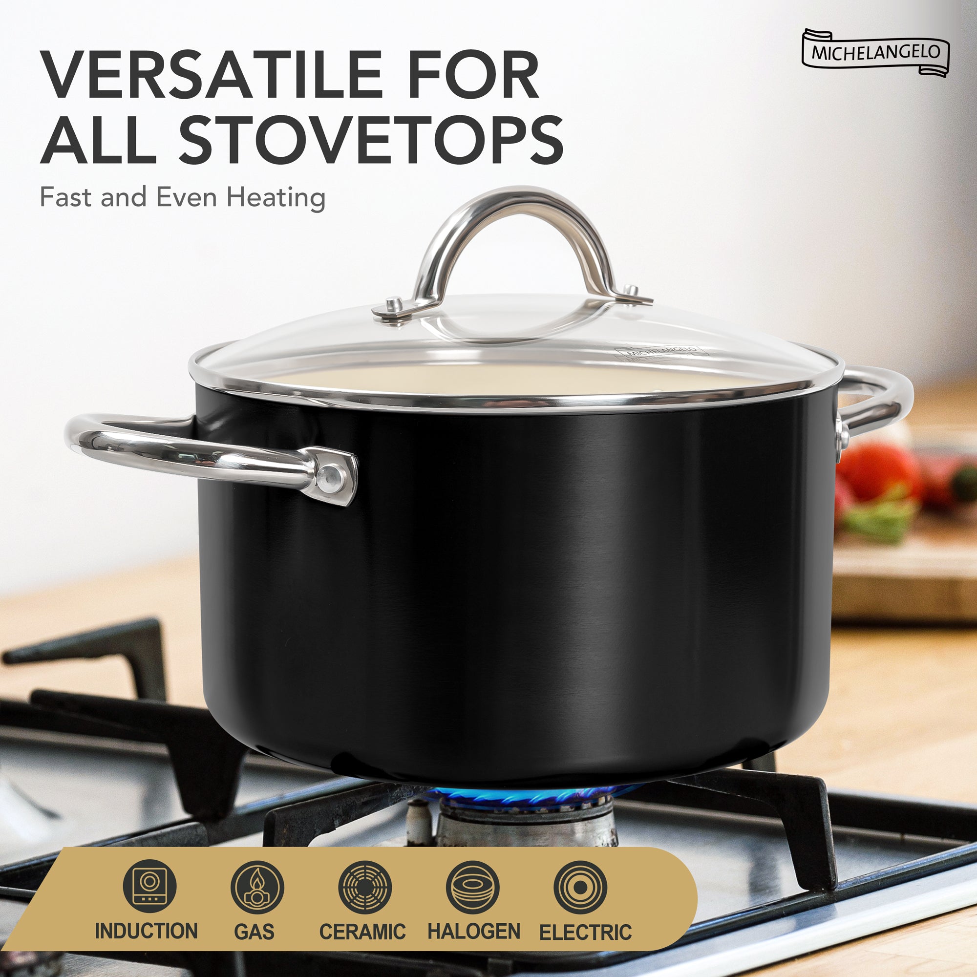 MICHELANGELO Stock Pot with Lid, Nonstick 6 Quart Soup Pot with Ceramic Coating, Black