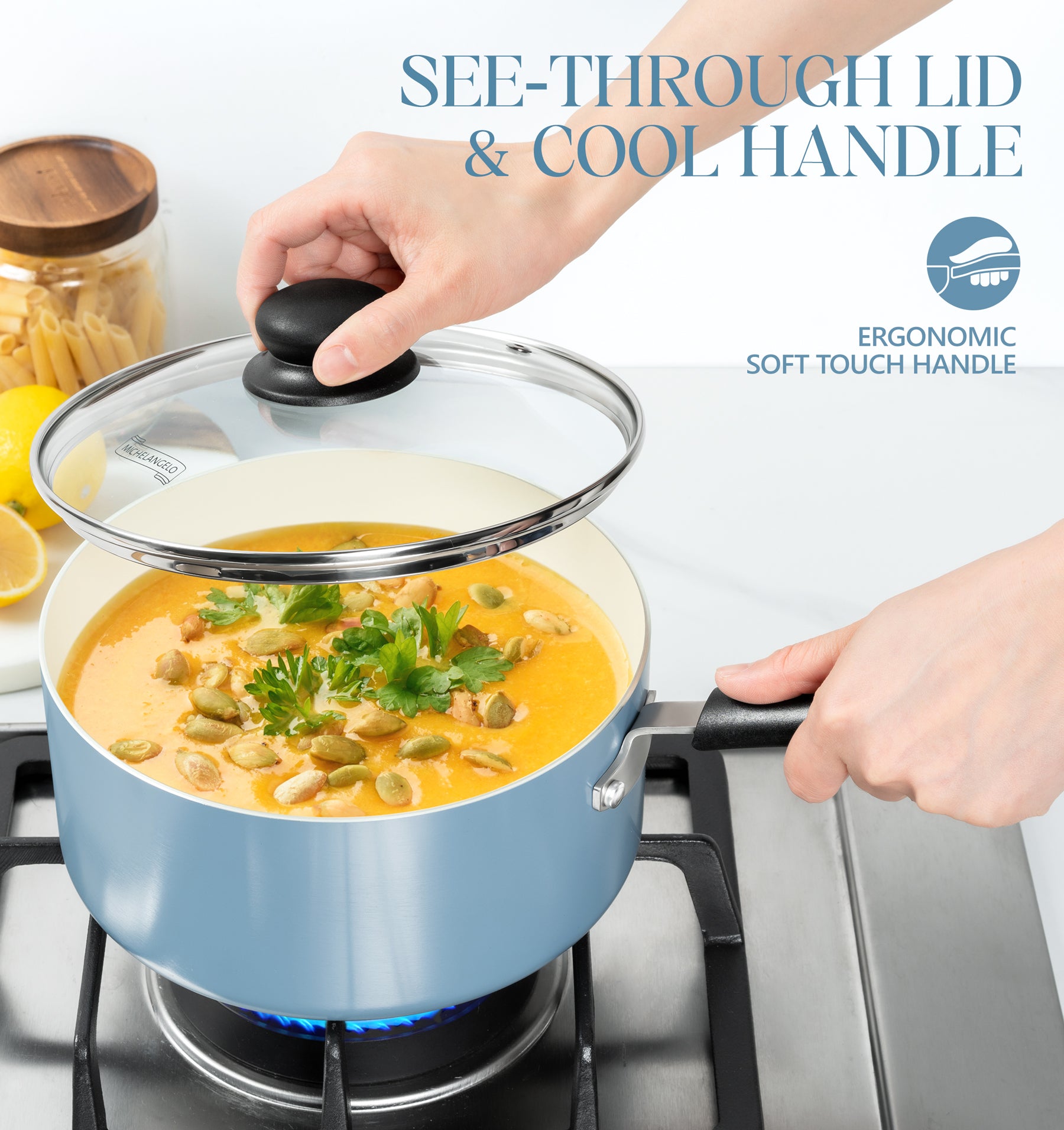 MICHELANGELO Nonstick Sauce Pan with Lid, Ceramic Saucepan Set- 1Qt & 2Qt & 3Qt, Blue