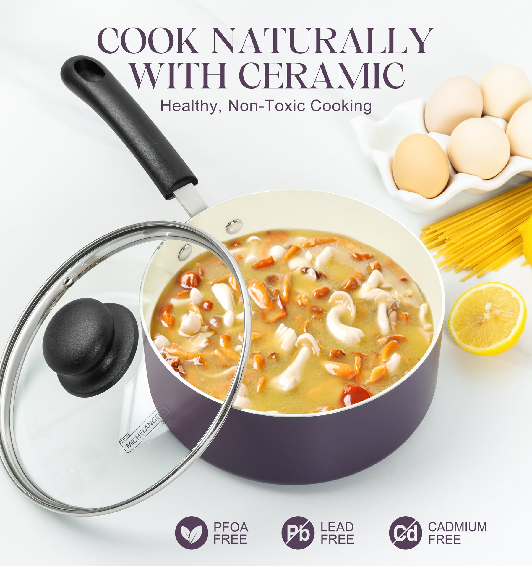 MICHELANGELO Nonstick Sauce Pan with Lid, Ceramic Saucepan Set- 1Qt & 2Qt & 3Qt, Purple