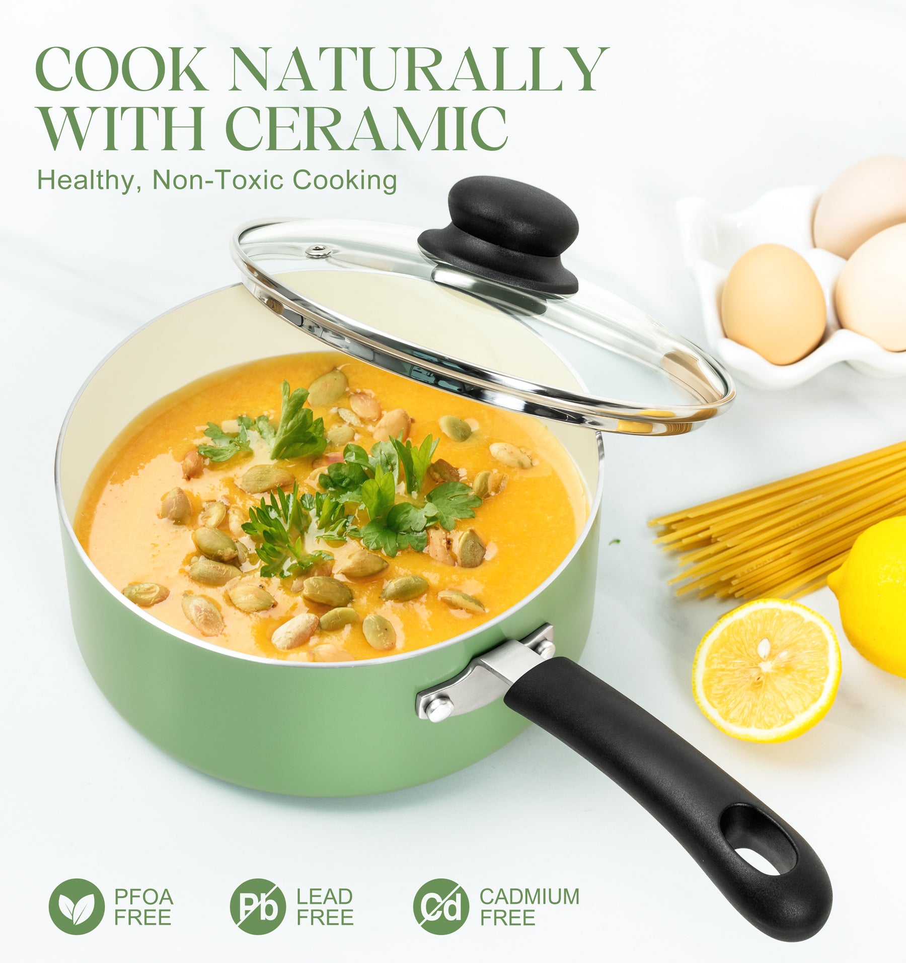 MICHELANGELO Nonstick Sauce Pan with Lid, Ceramic Saucepan Set- 1Qt & 2Qt & 3Qt, Green
