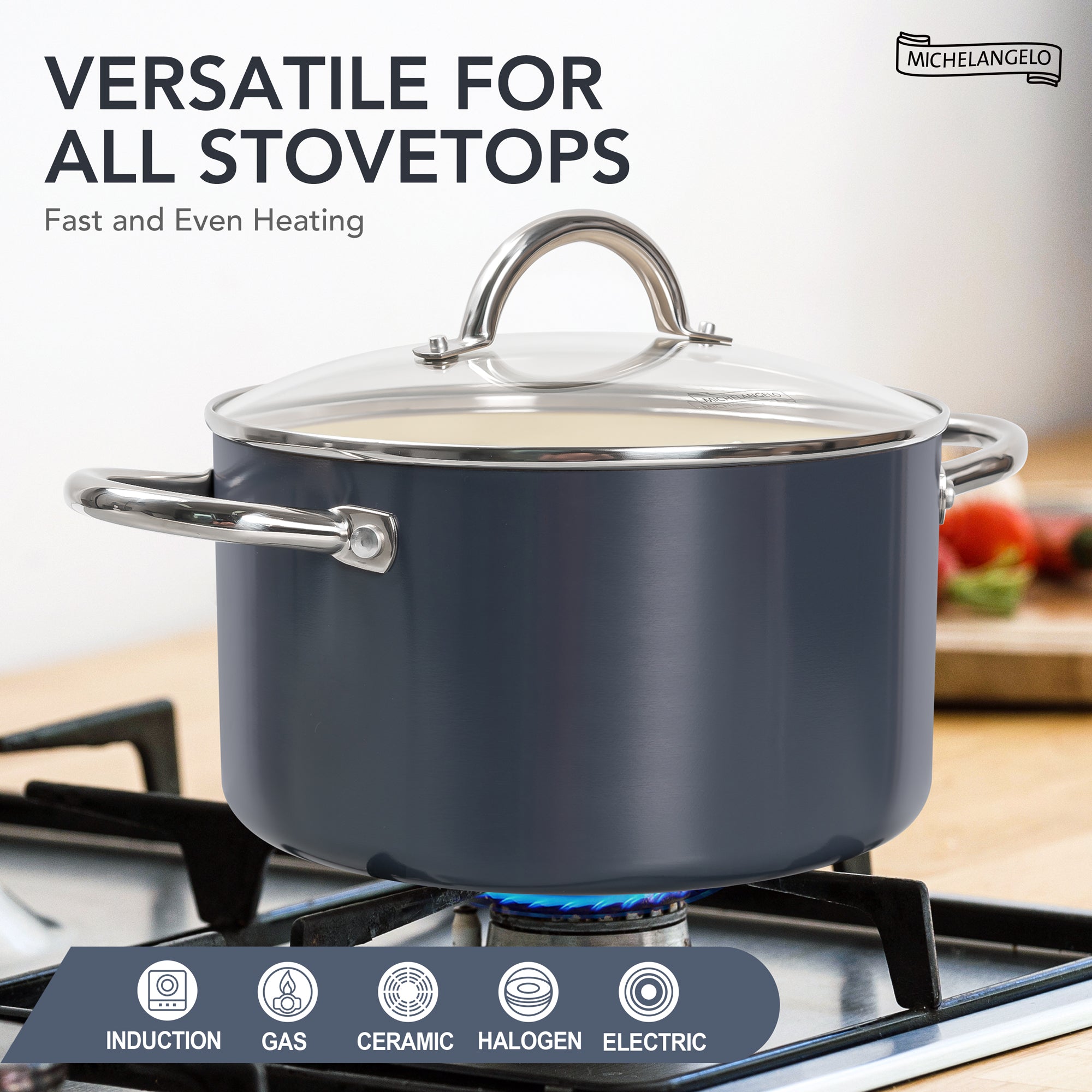 MICHELANGELO Stock Pot with Lid, Nonstick 6 Quart Soup Pot with Ceramic Coating, Haze blue
