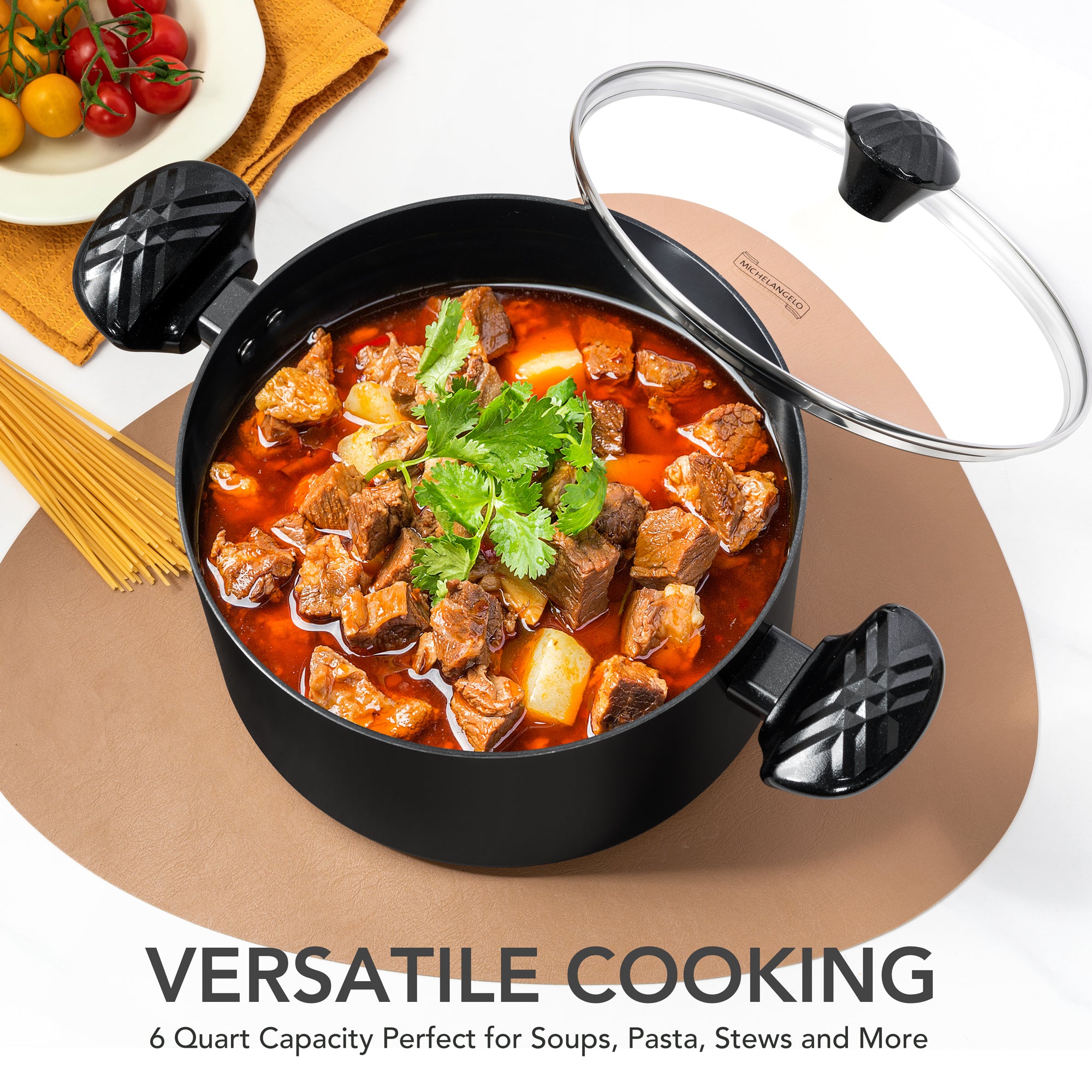 MICHELANGELO Stock Pot with Lid - 6 QT Nonstick Ceramic Cooking Pot, Black