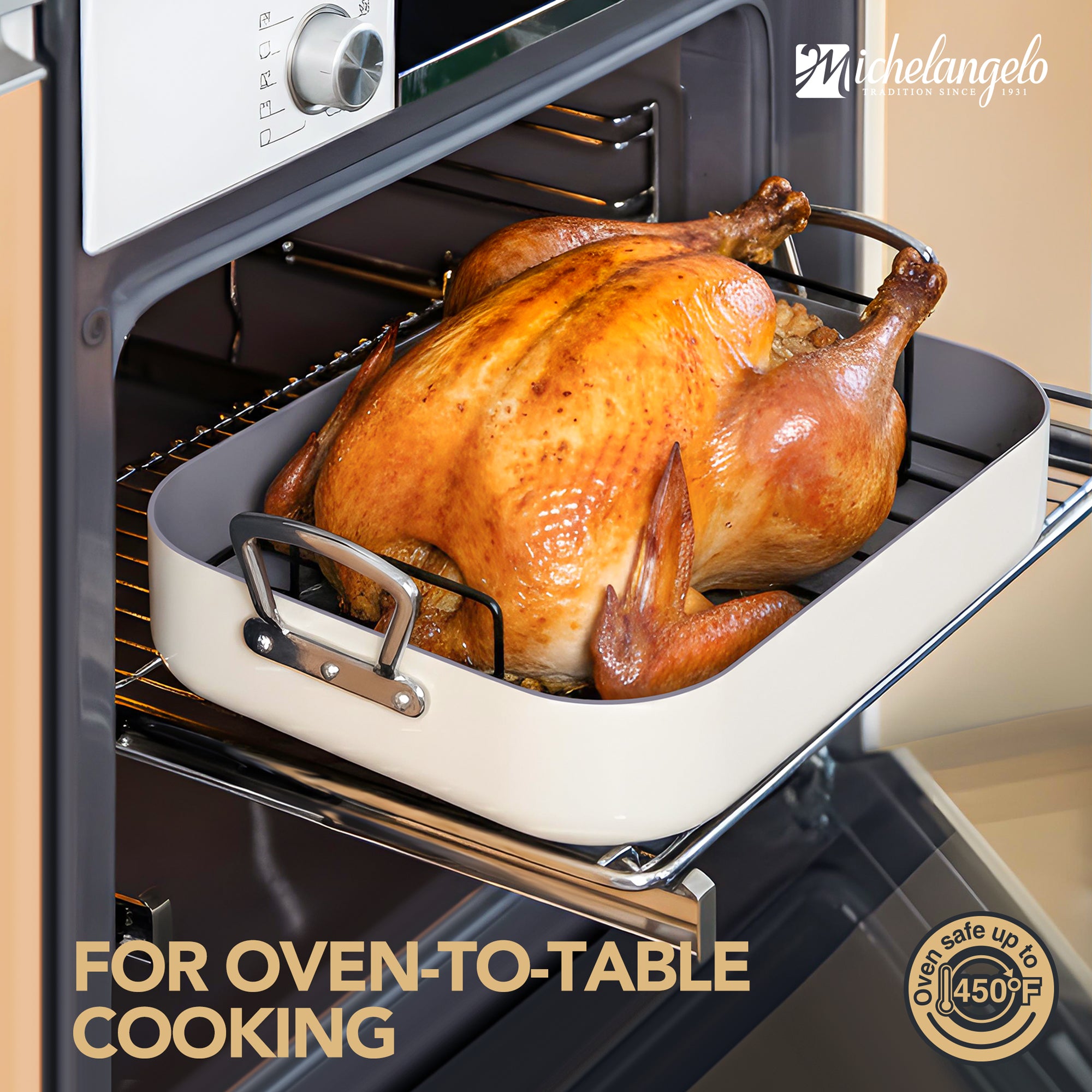 MICHELANGELO Nonstick Ceramic Roasting Pan with Rack，15 Inch x 13 Inch - Beige