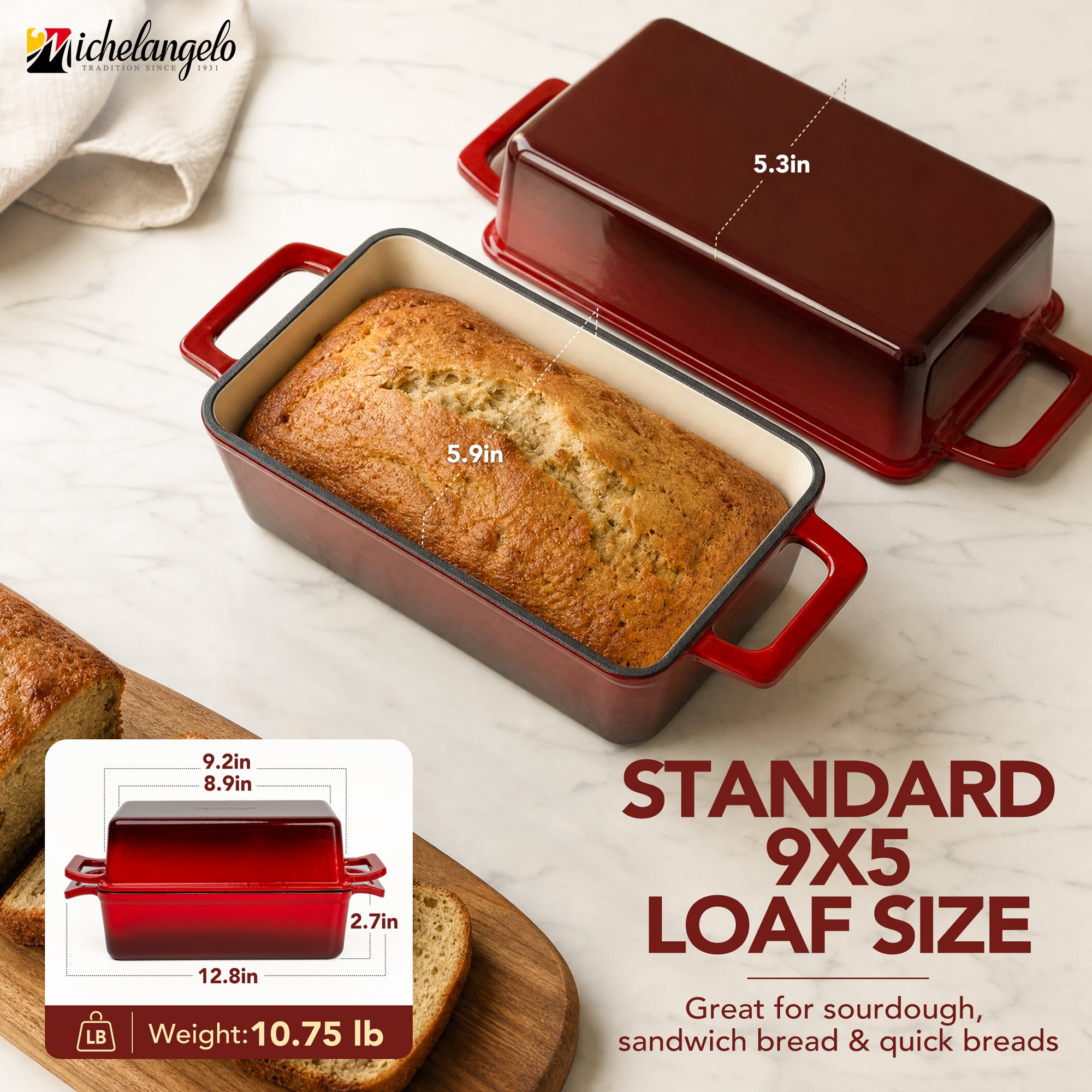 MICHELANGELO Enameled Cast Iron Bread Pan with Lid, 9x5 Sourdough Loaf Pan