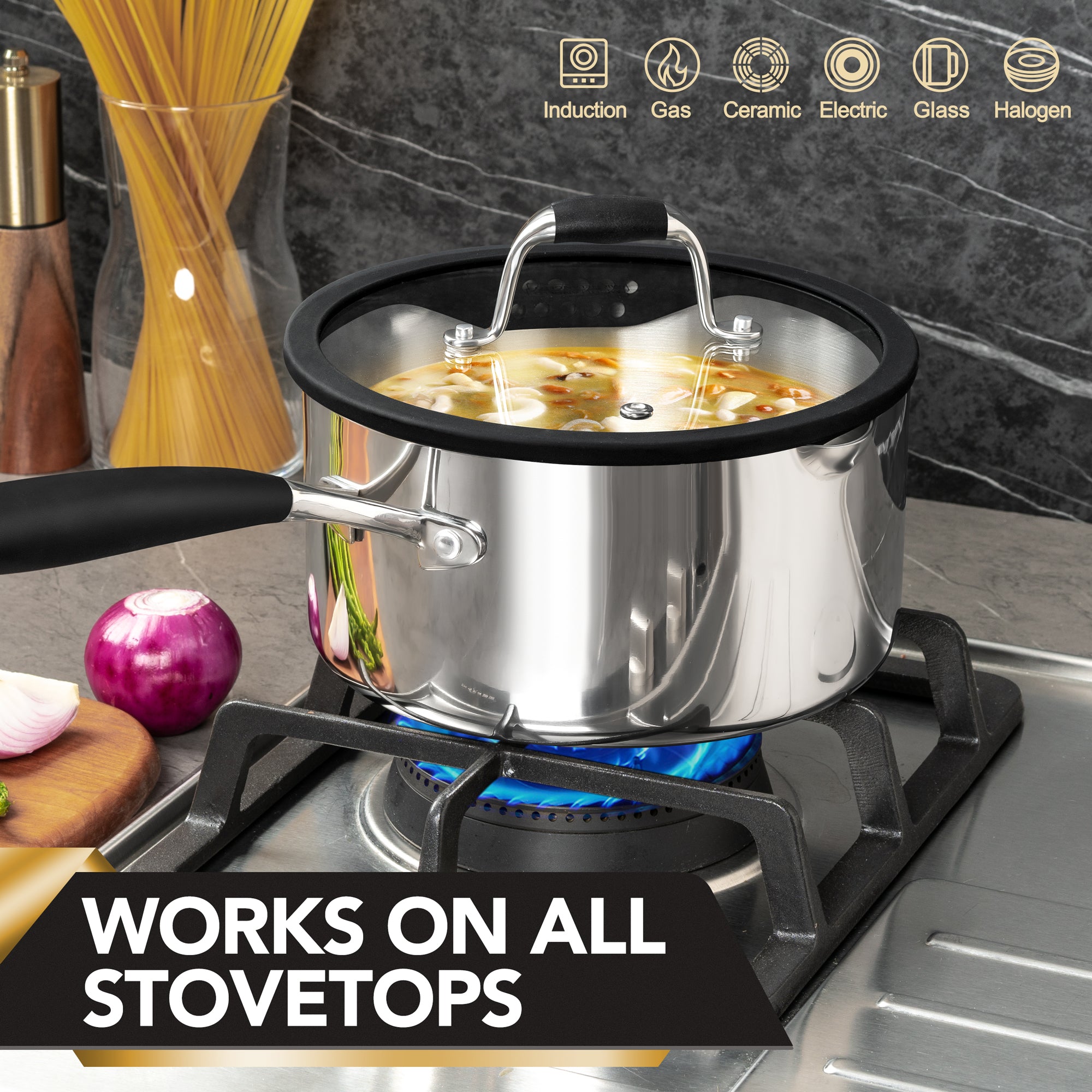 MICHELANGELO Triply Stainless Steel Saucepan Set with Strainer Lid- 1QT & 2QT & 3QT